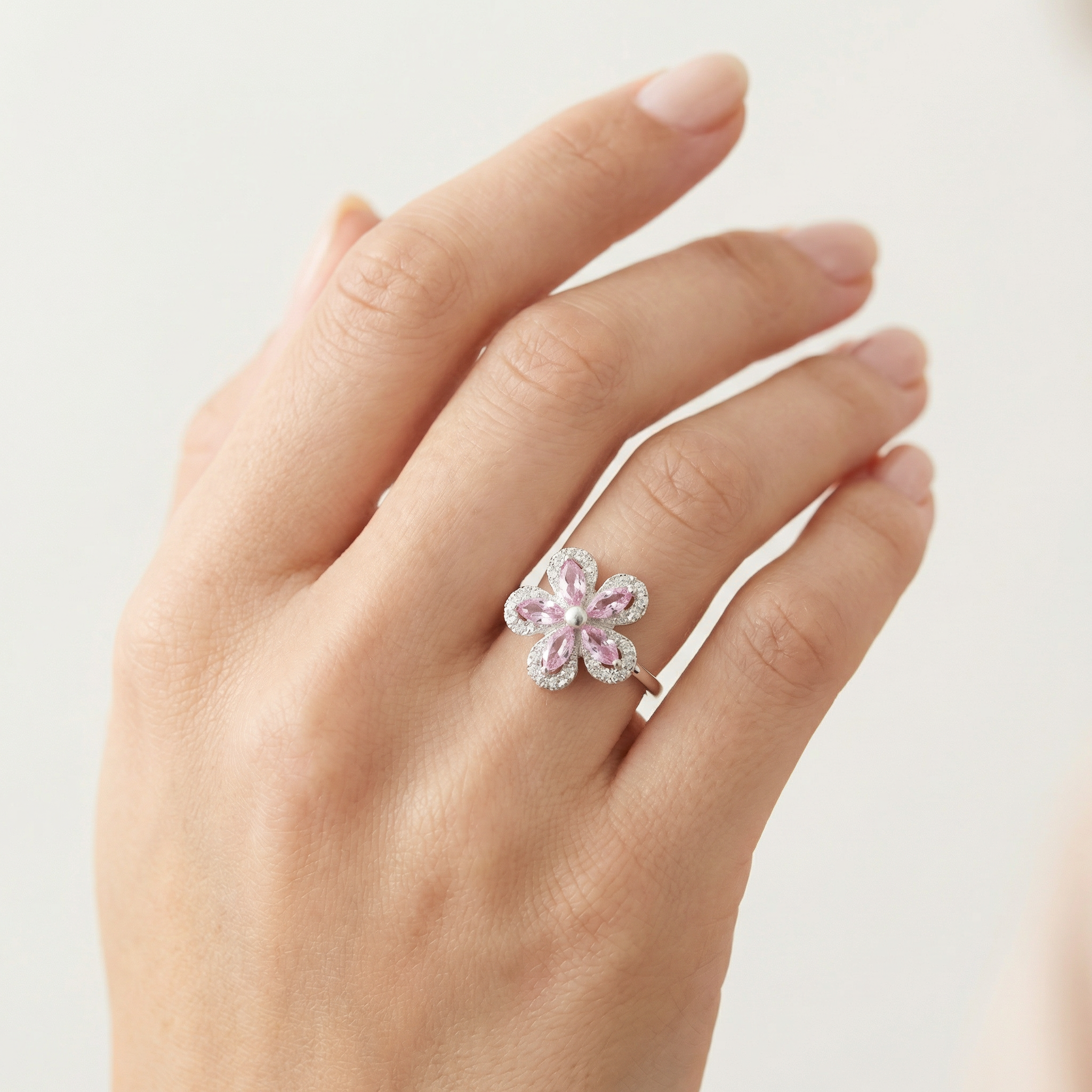 Silver Pink Crystal Women Ring