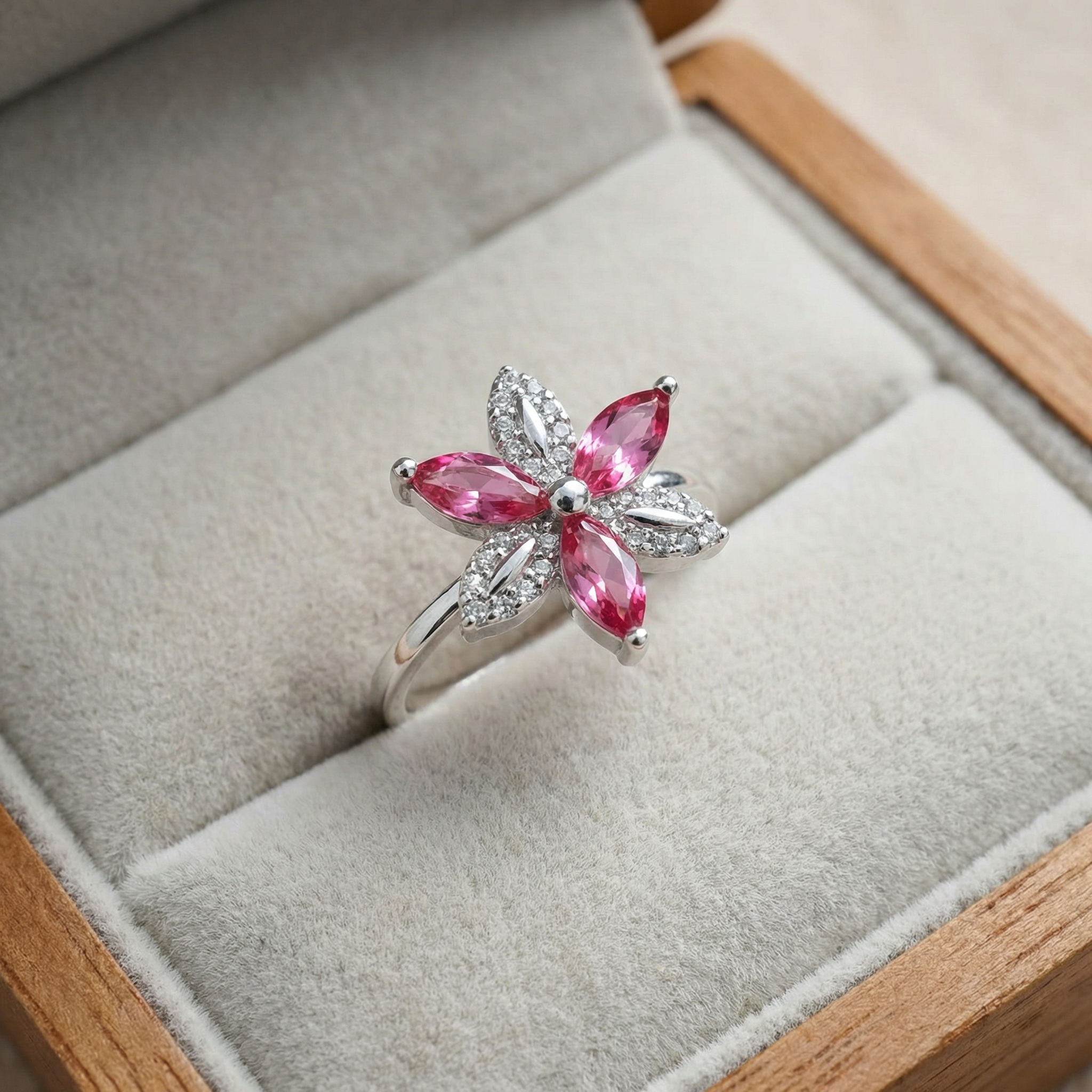 Silver Pink Crystal Ring for Women