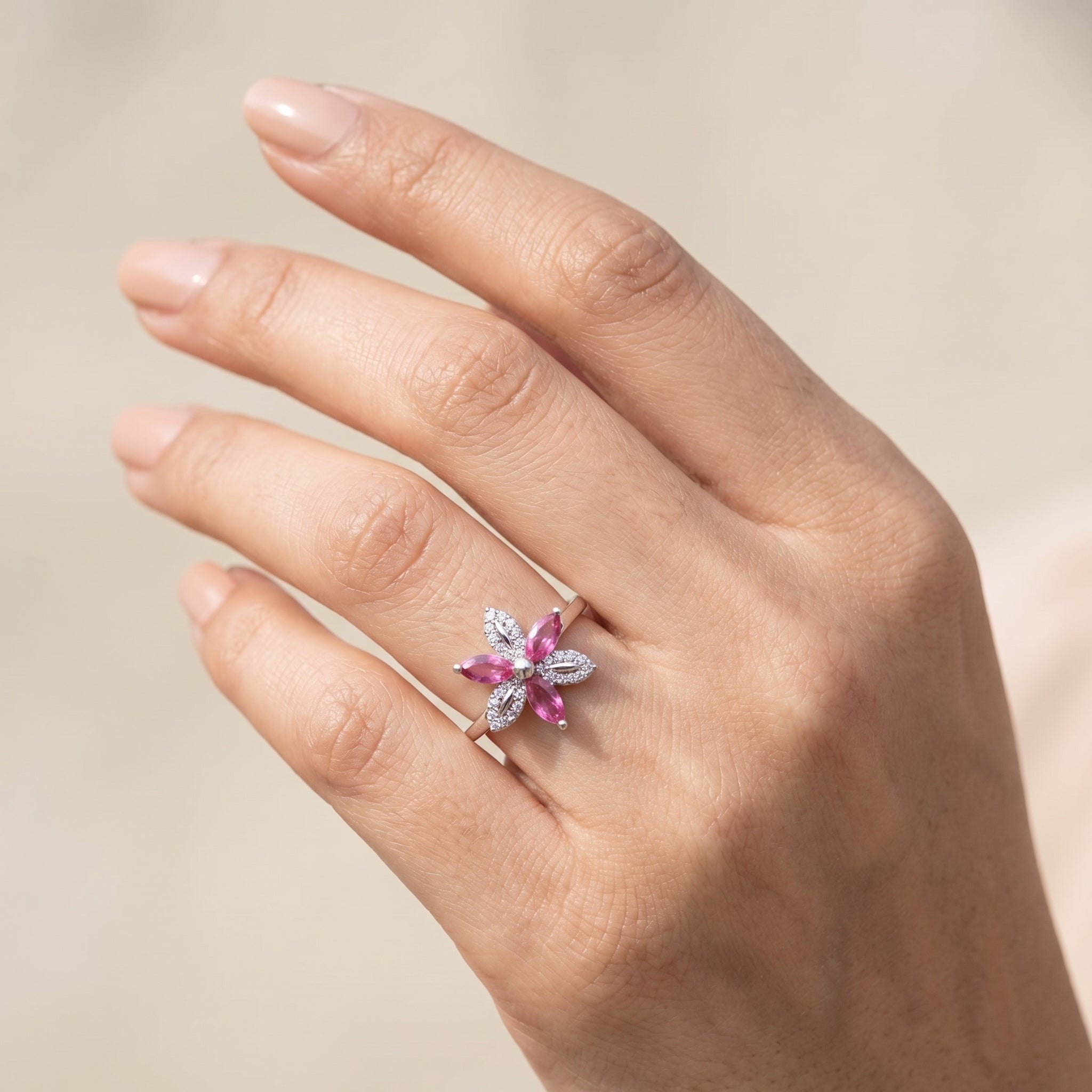 Silver Pink Crystal Ring for Women
