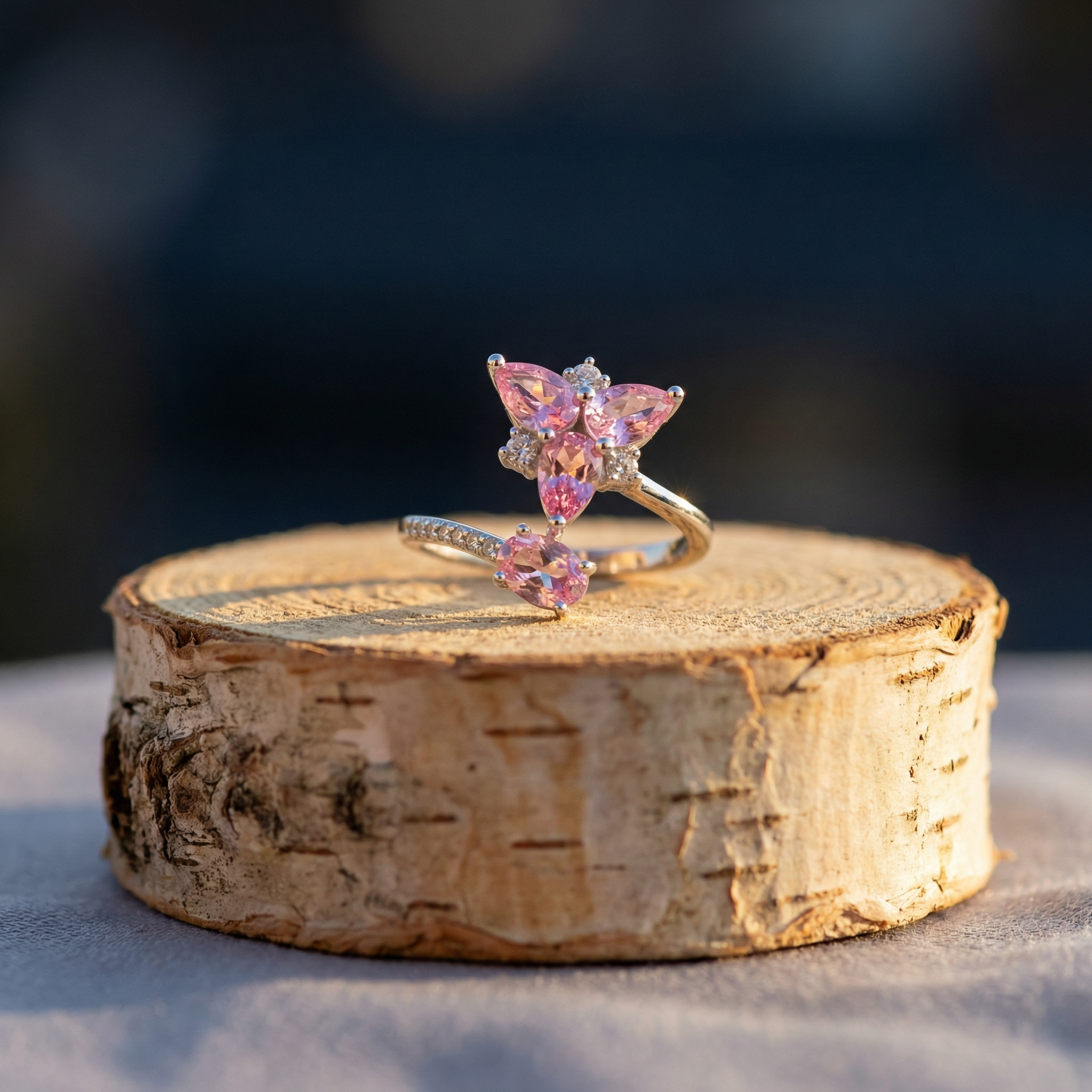 Silver Pink Butterfly Crystal Ring for Women