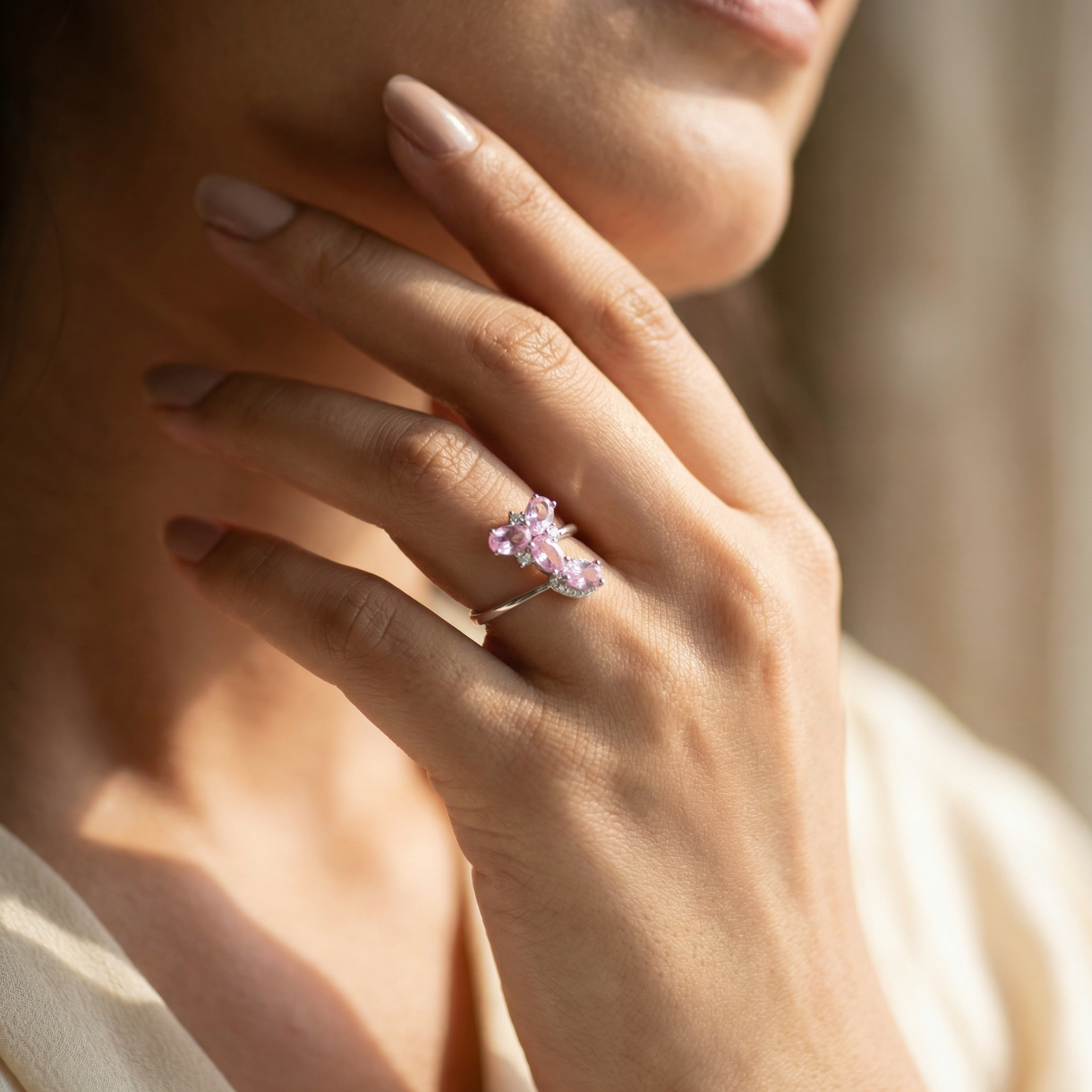 Silver Pink Butterfly Crystal Ring for Women