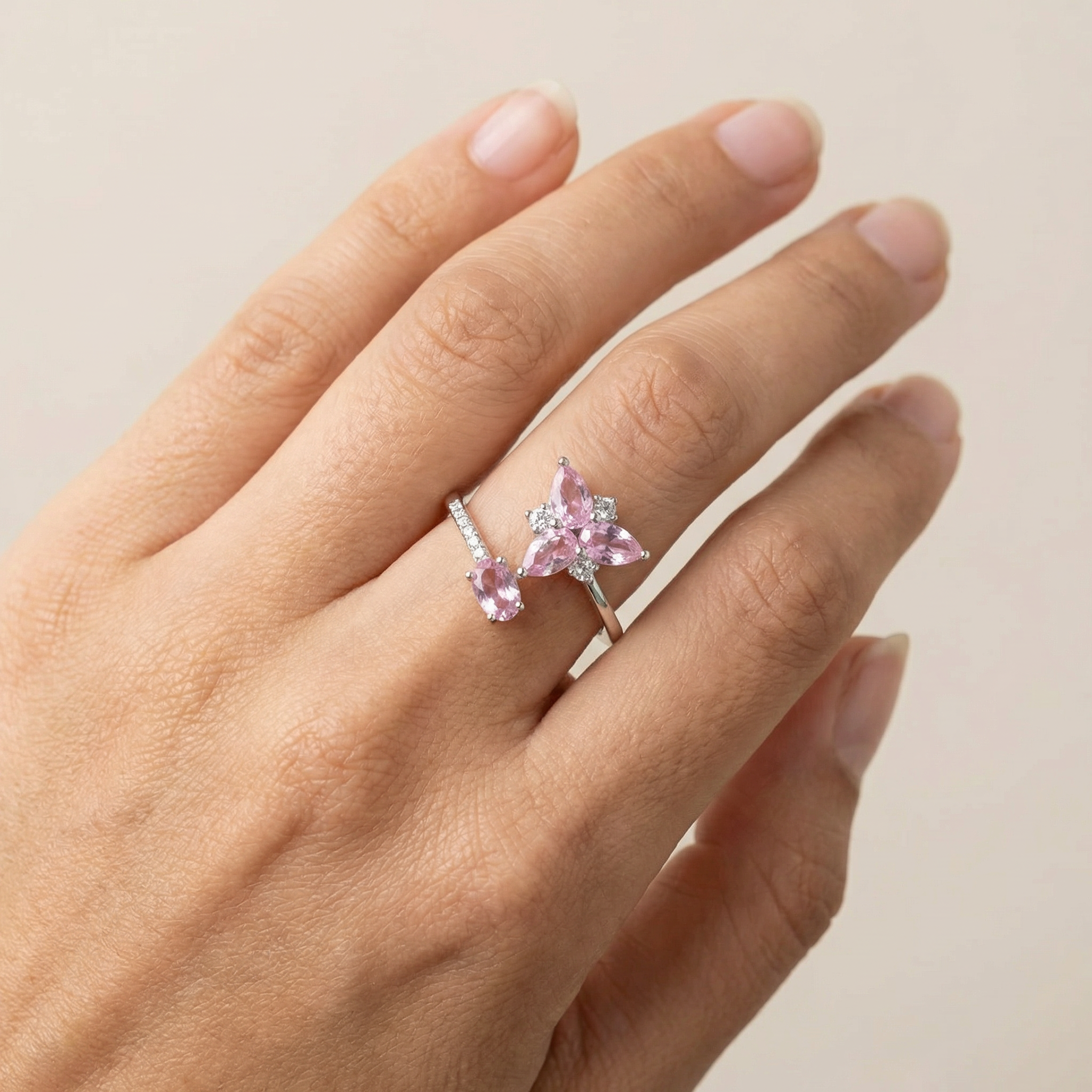 Silver Pink Butterfly Crystal Ring for Women