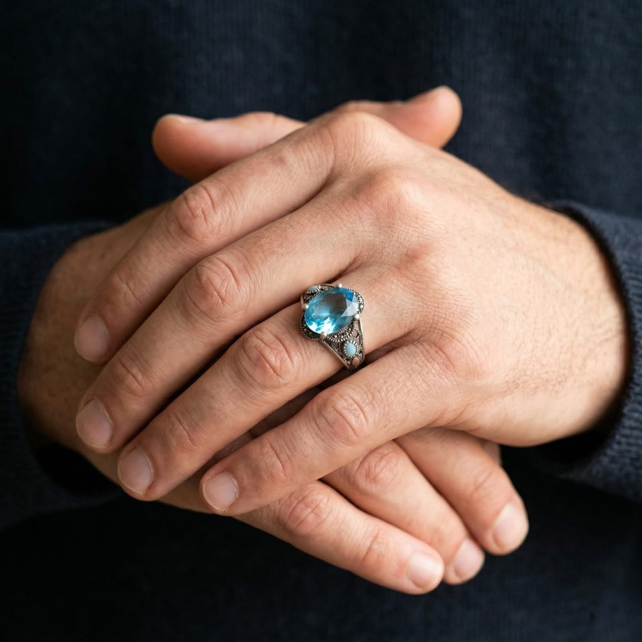 Men Silver Blue Gemstone Ring –