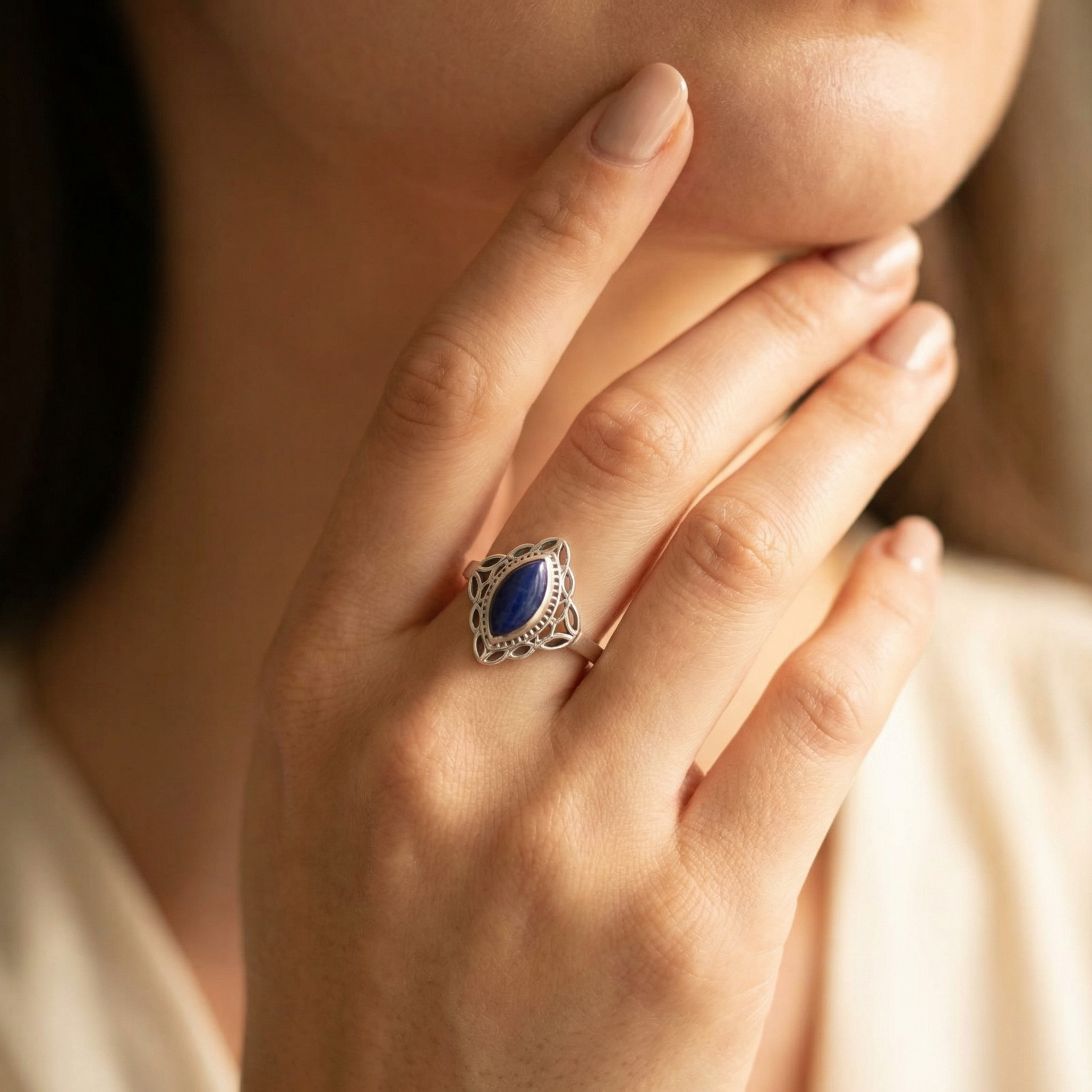 Silver Lapiz Stone Women Ring