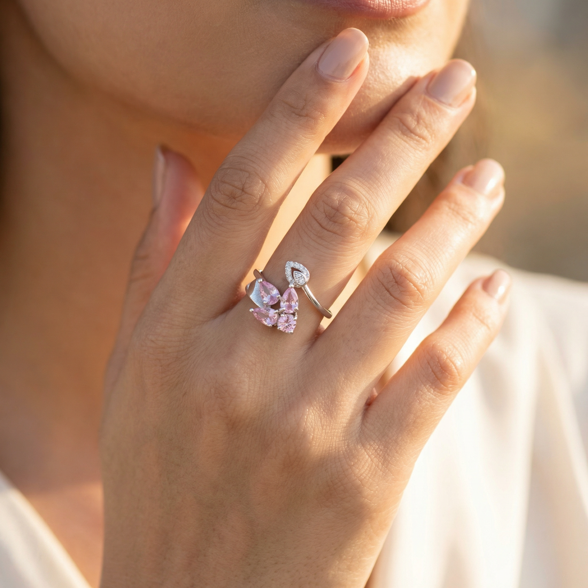 Silver Pink Crystal Women Ring