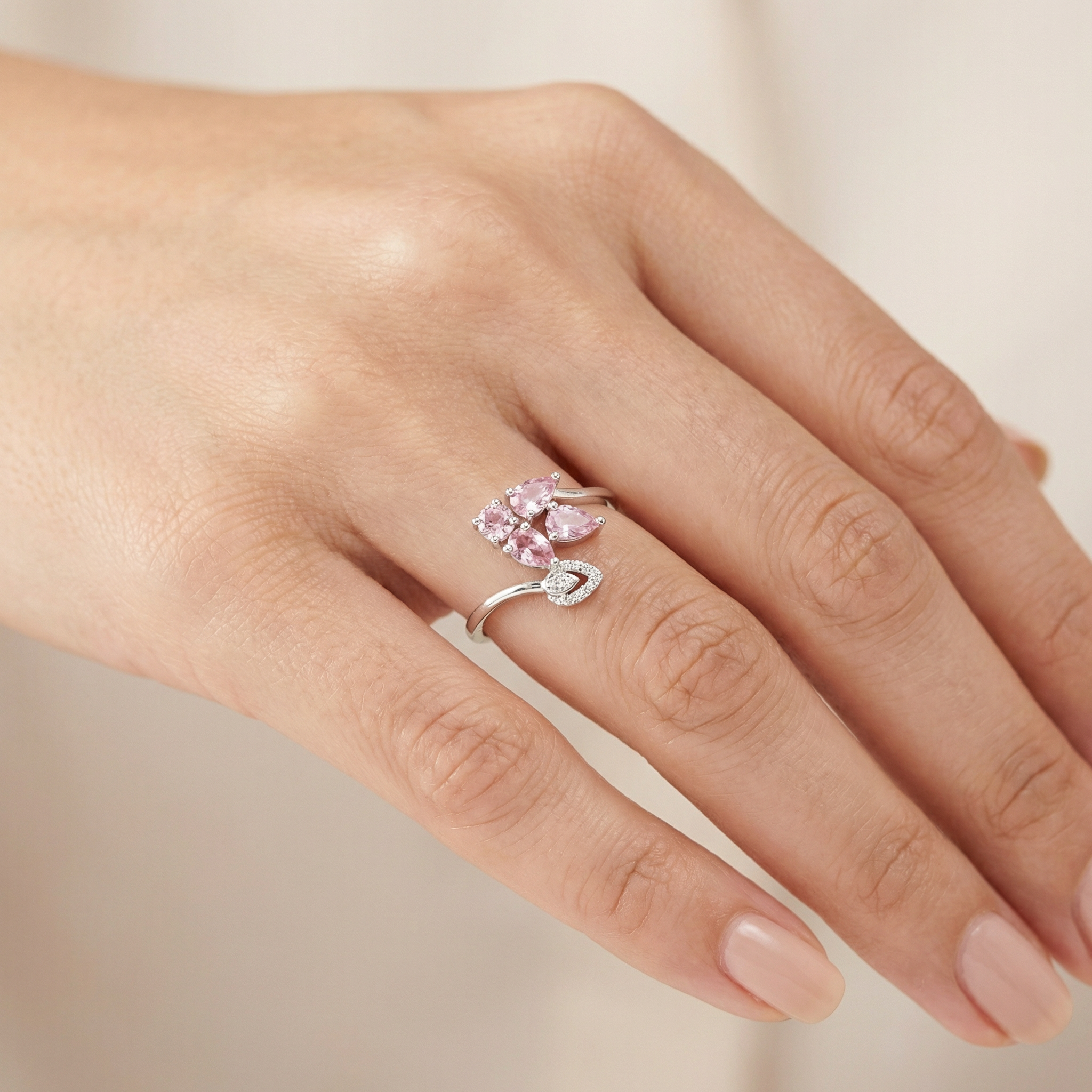 Silver Pink Crystal Women Ring