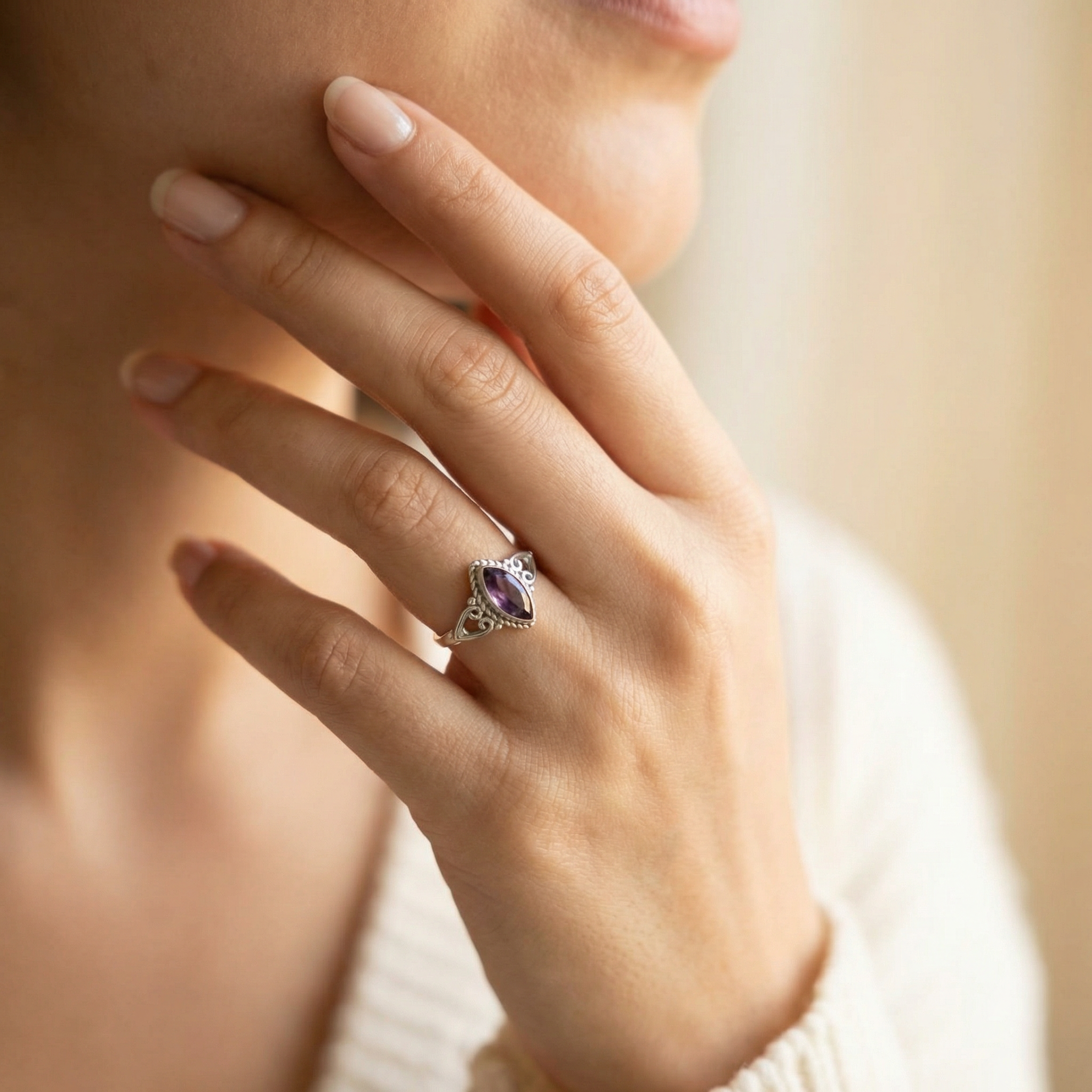 Silver Amethyst Stone Women Ring