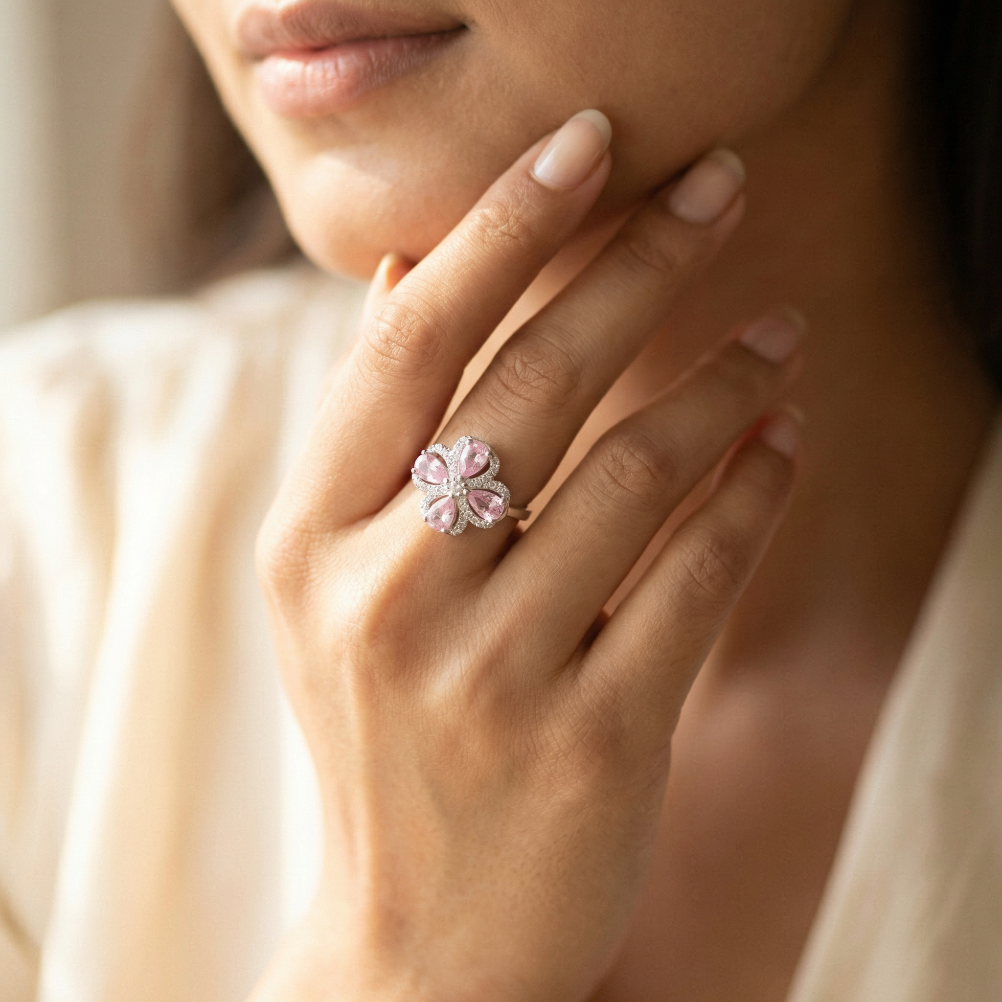 Silver Pink Crystal Women Ring