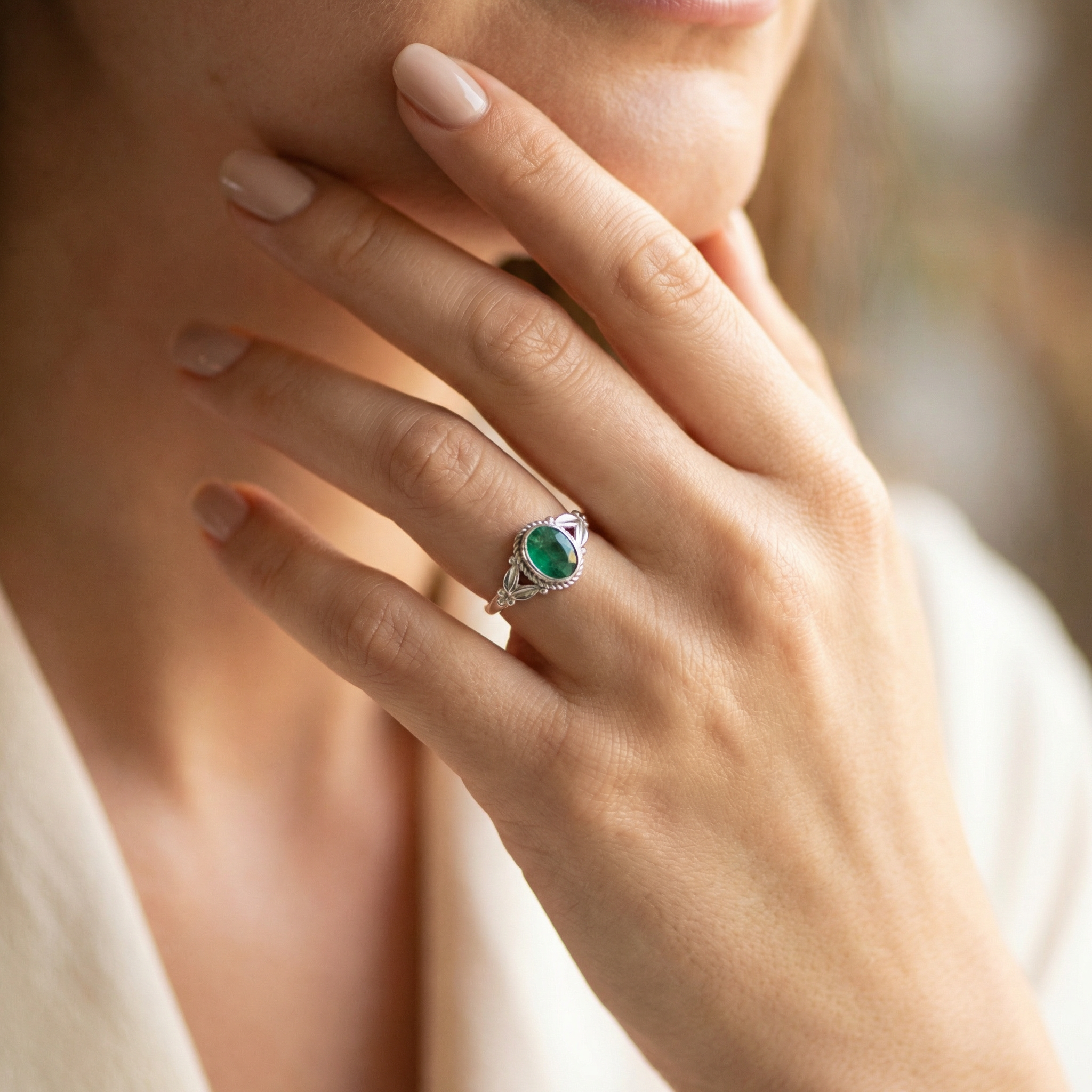 Silver Emerald Crystal Women Ring