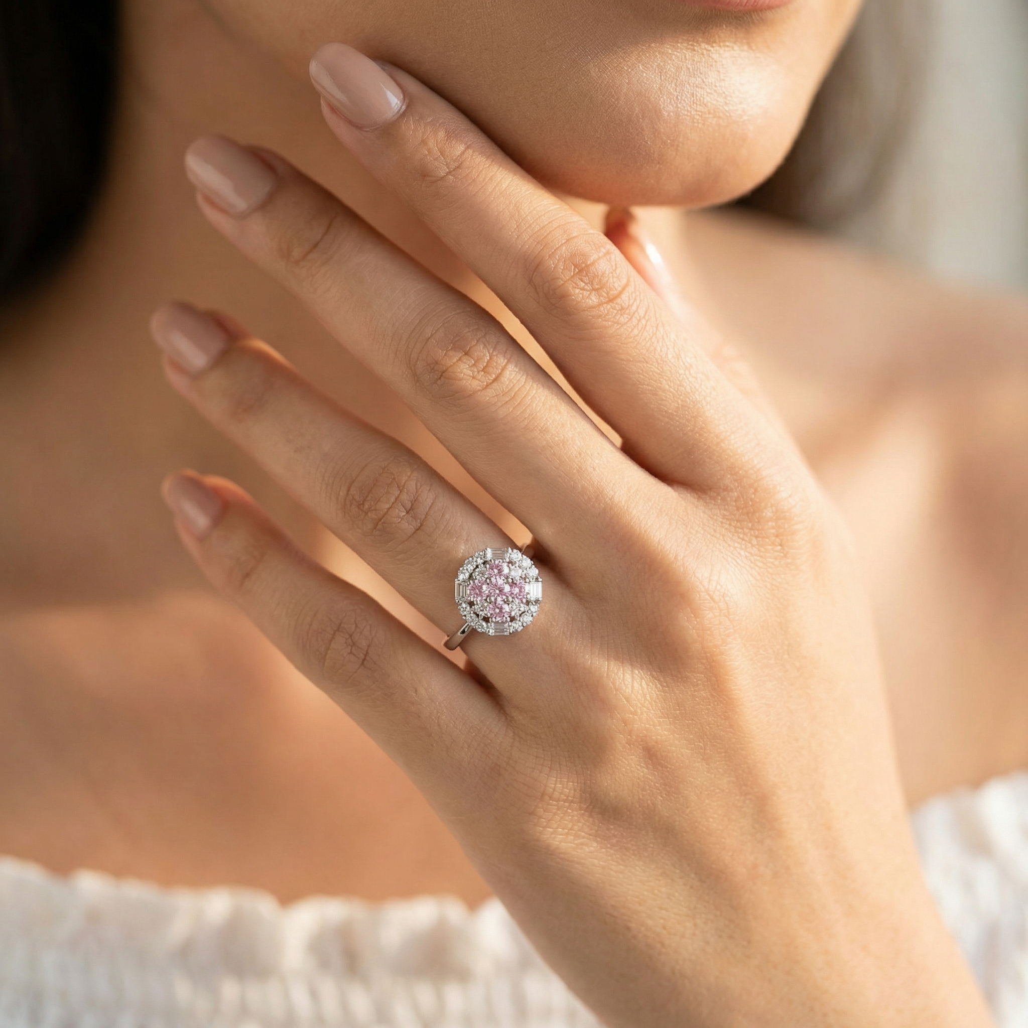 Silver Pink Crystal Women Ring