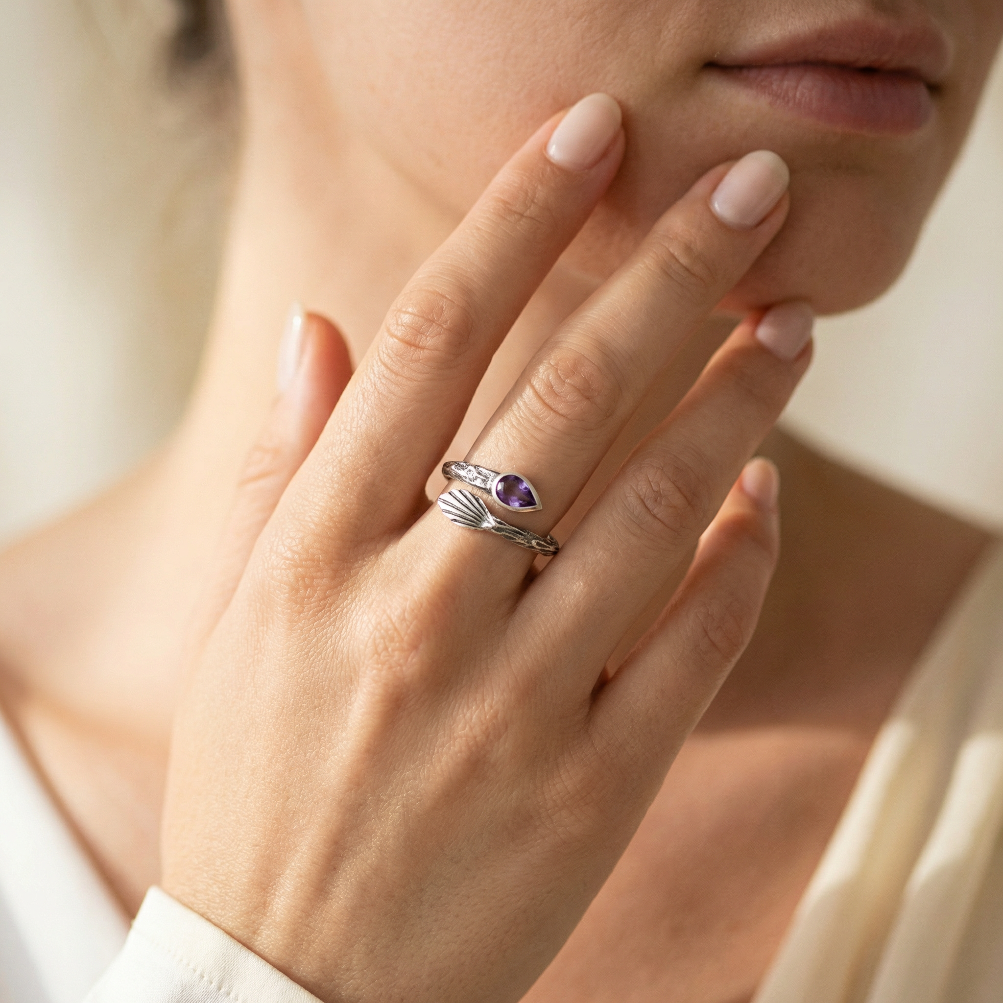 Silver Amethyst Wrap Ring – Handmade Textured