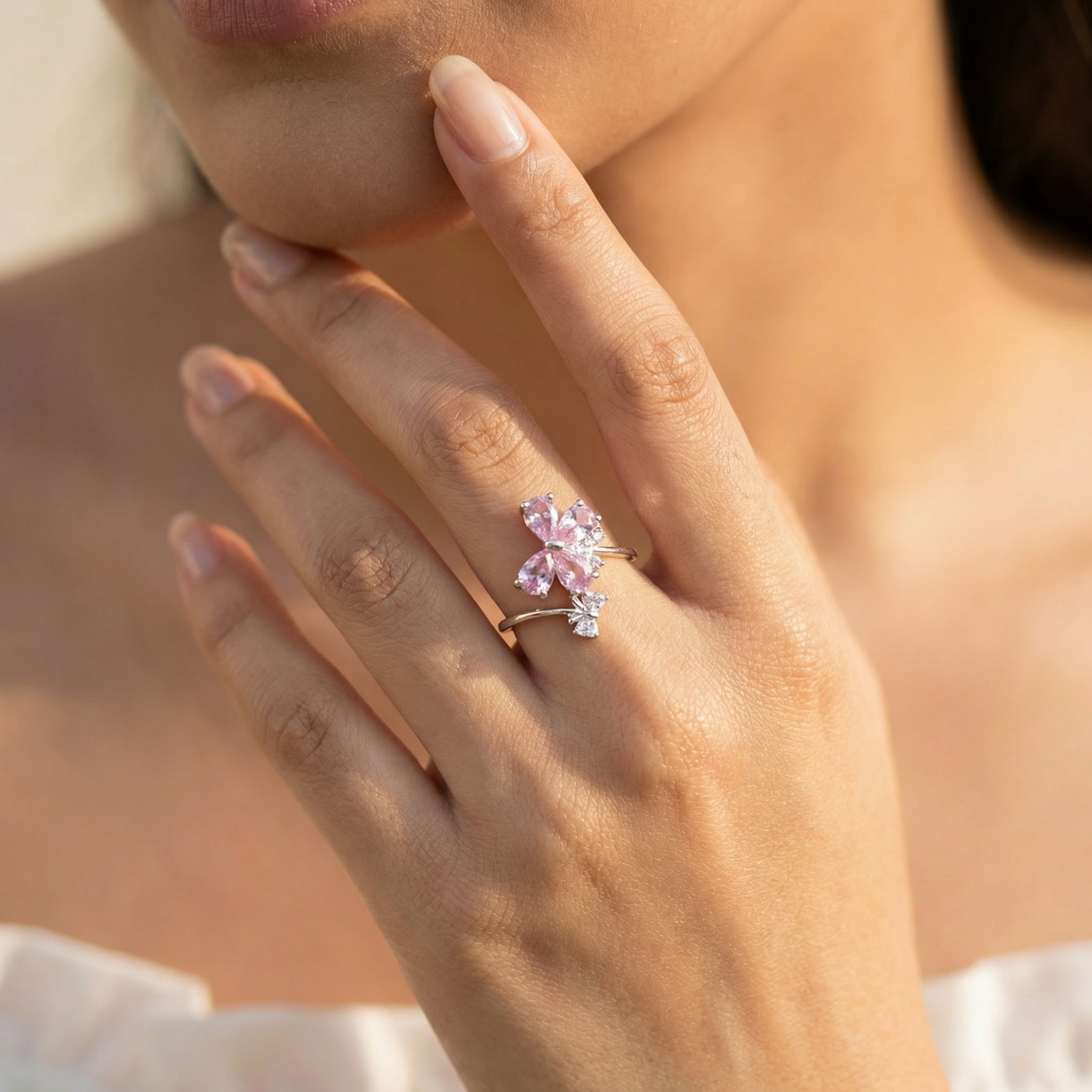 Silver Pink Crystal Women Ring
