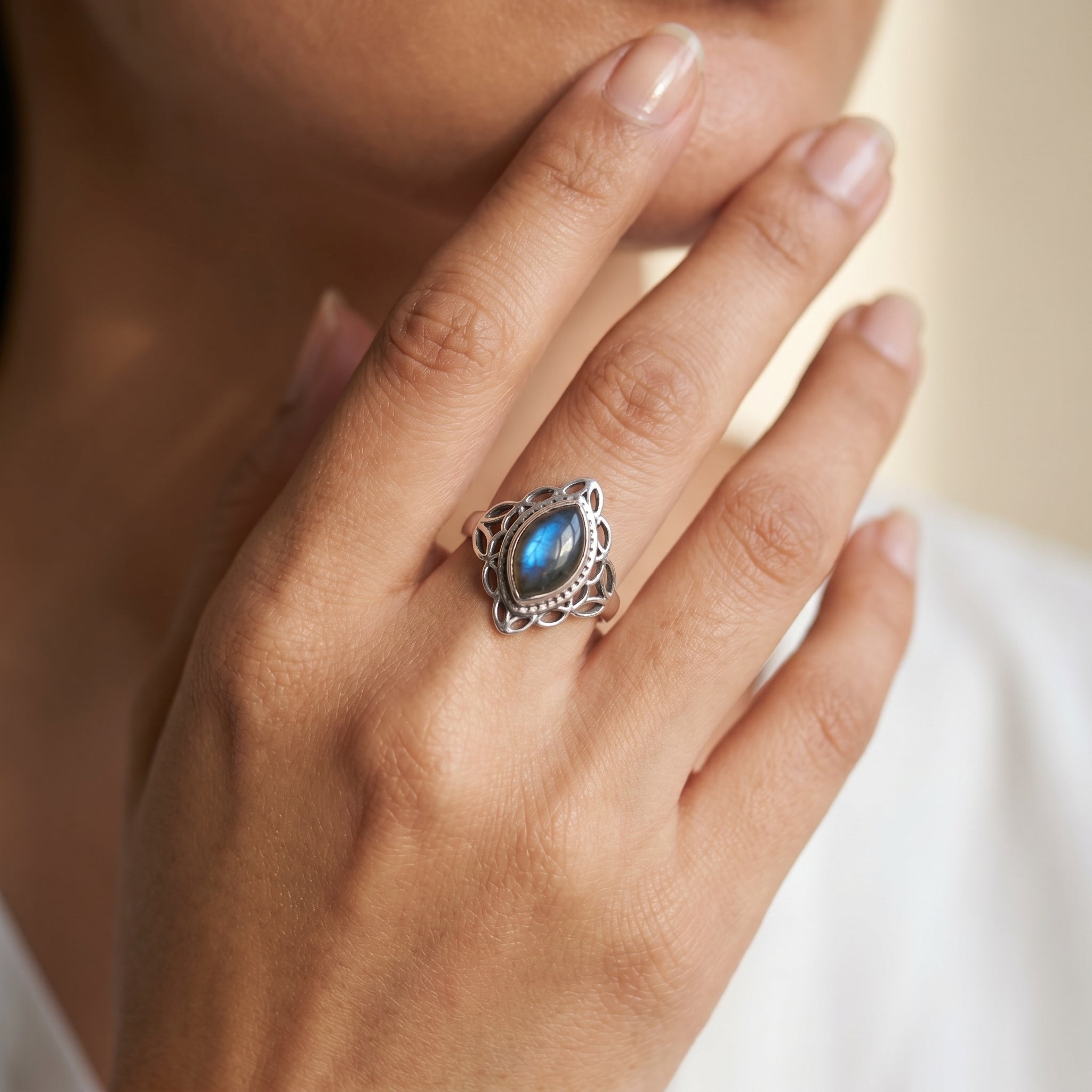 Silver Labradorite Stone Women Ring