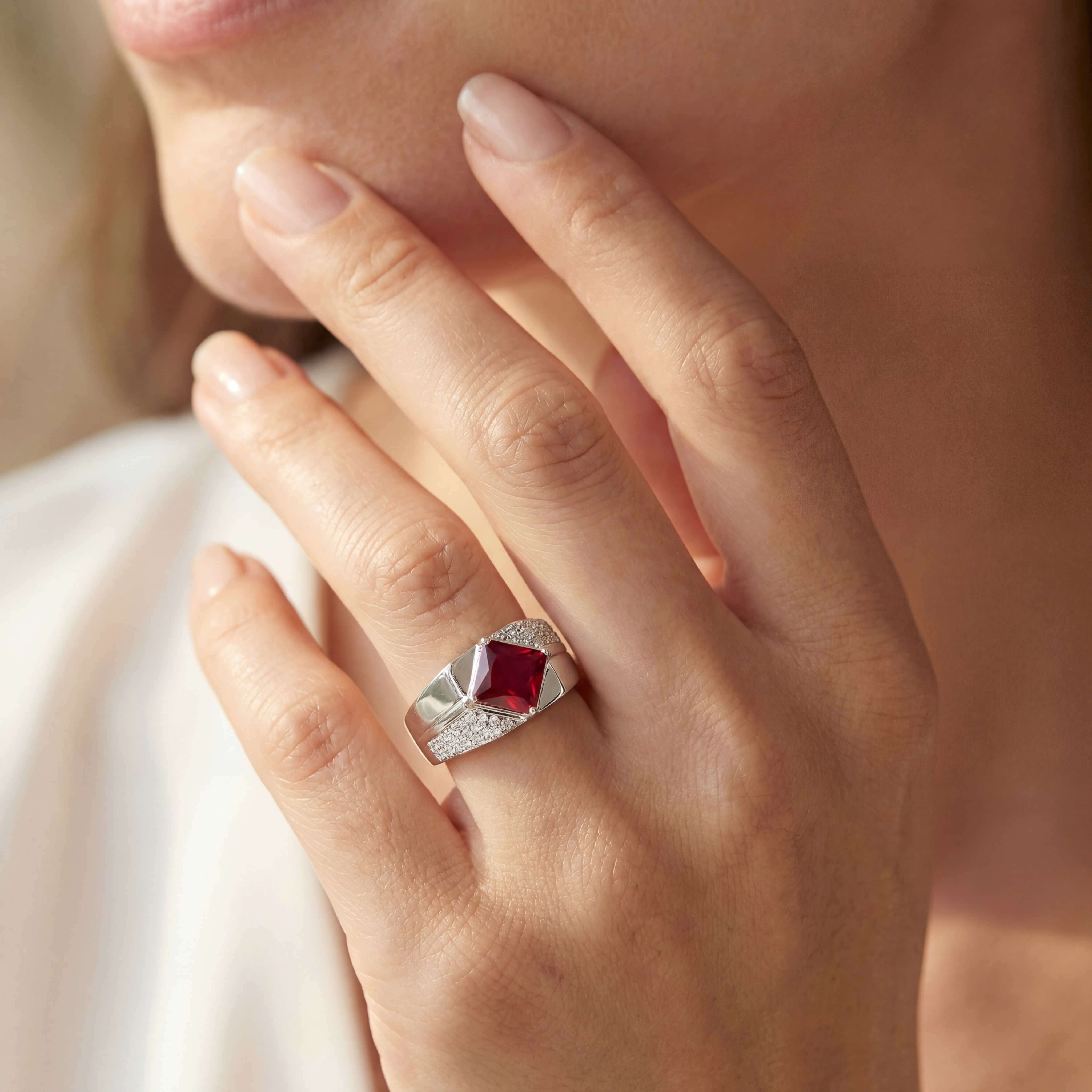 Silver Red Zircon Women Ring