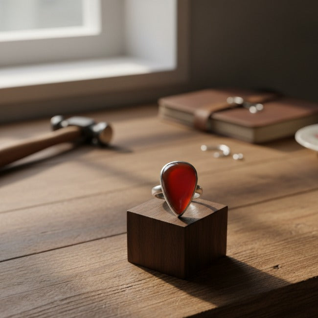 Handmade Red Agate Silver Ring