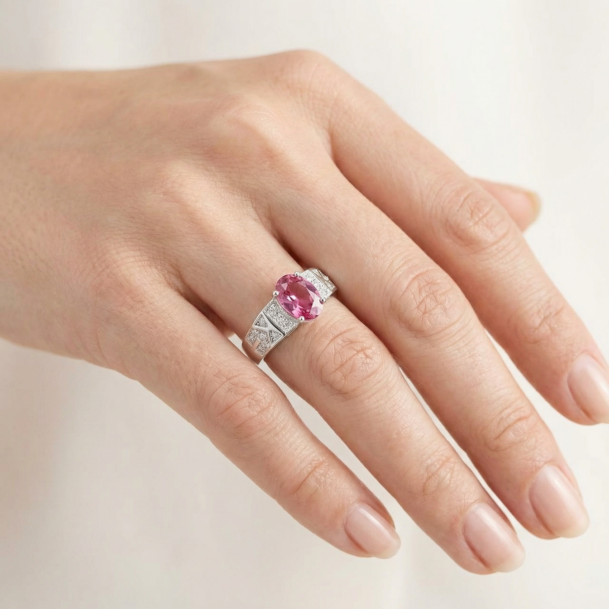Silver Pink Crystal Women Ring