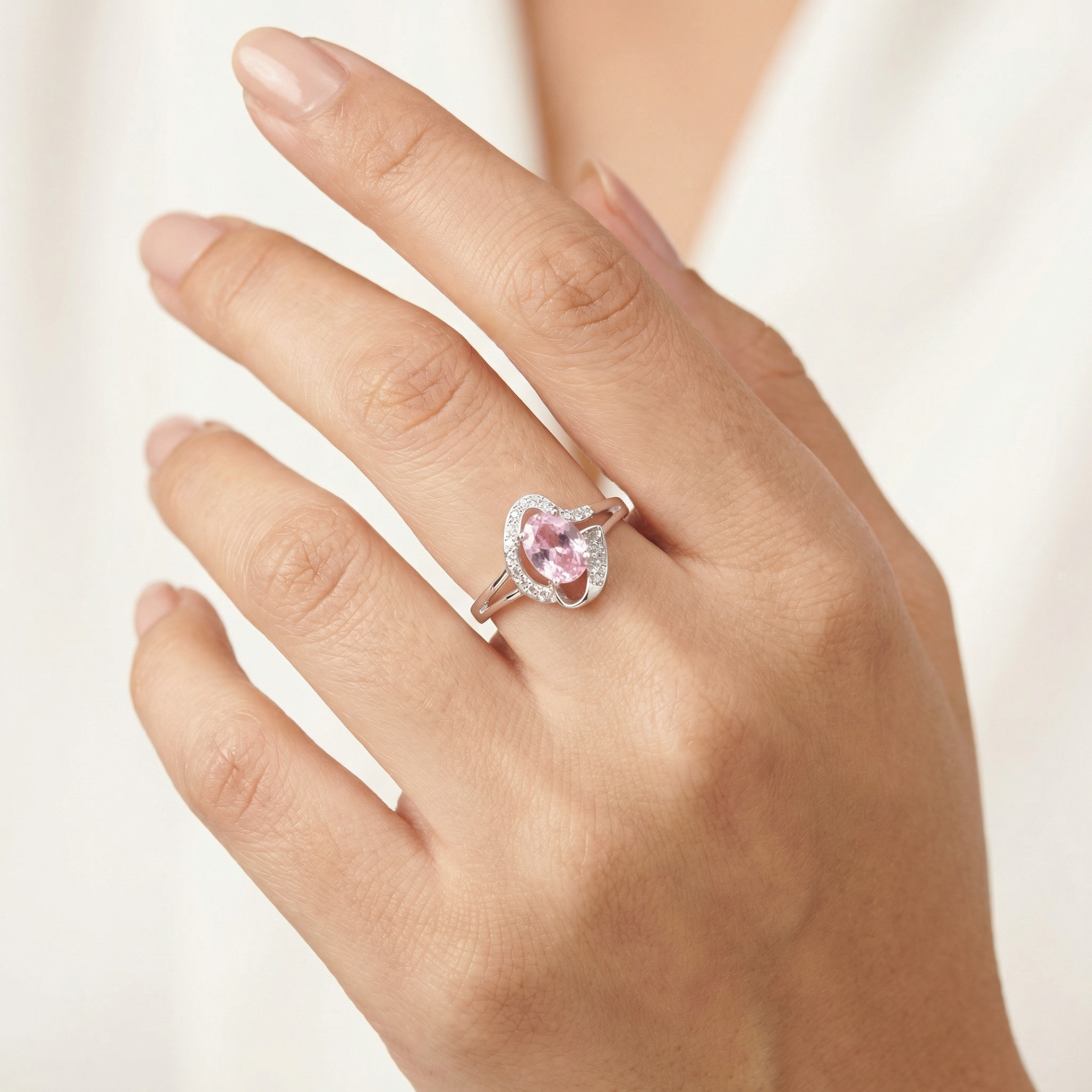 Silver  Pink Crystal Women Ring