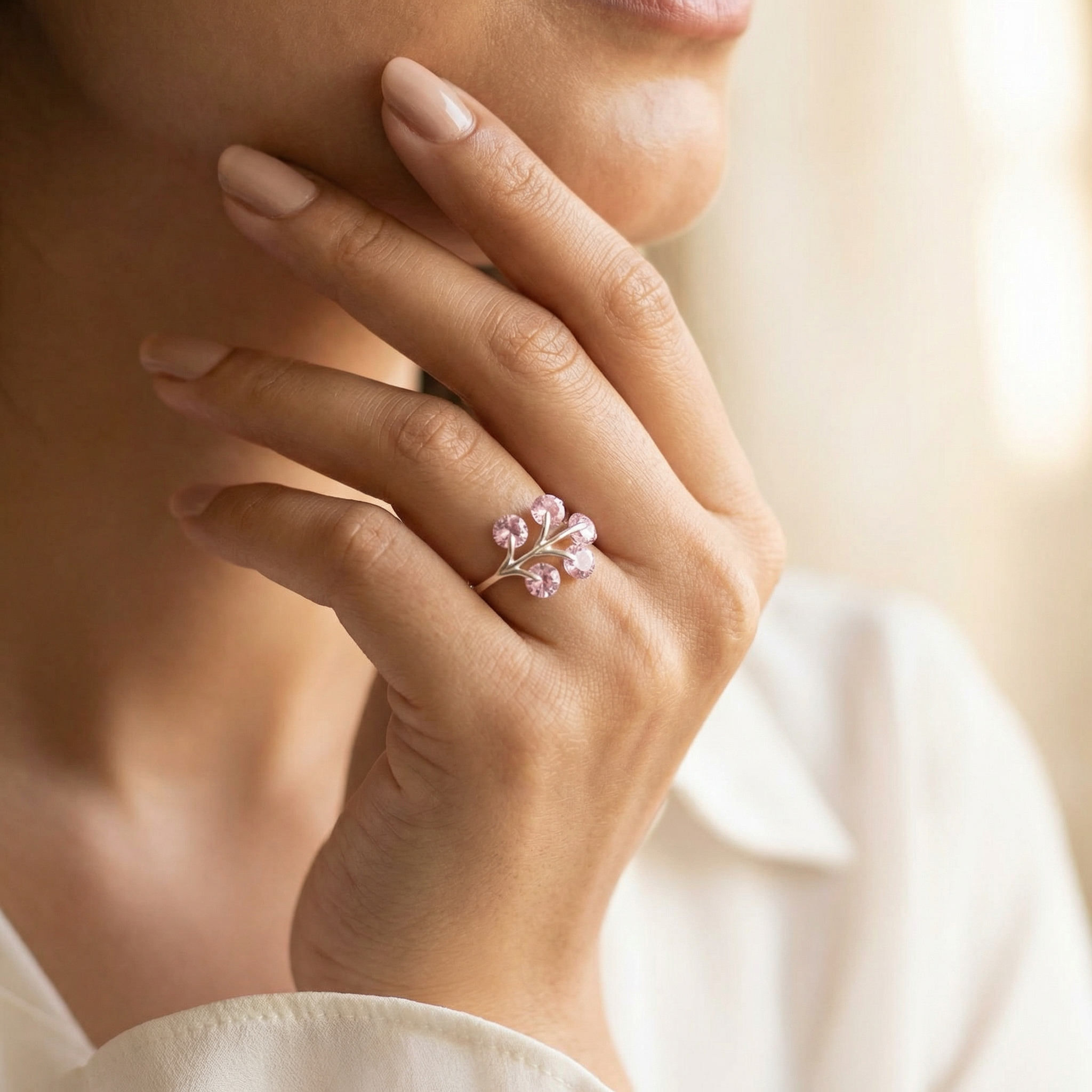 Silver  Pink Crystal Women Ring
