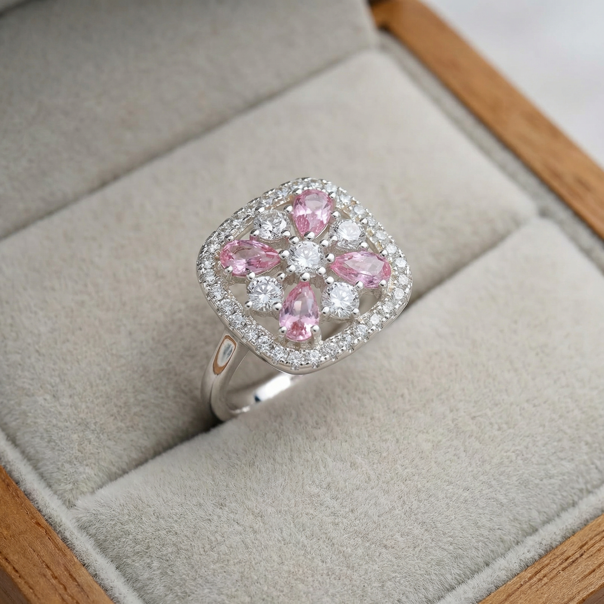 Silver  Pink Crystal Women Ring