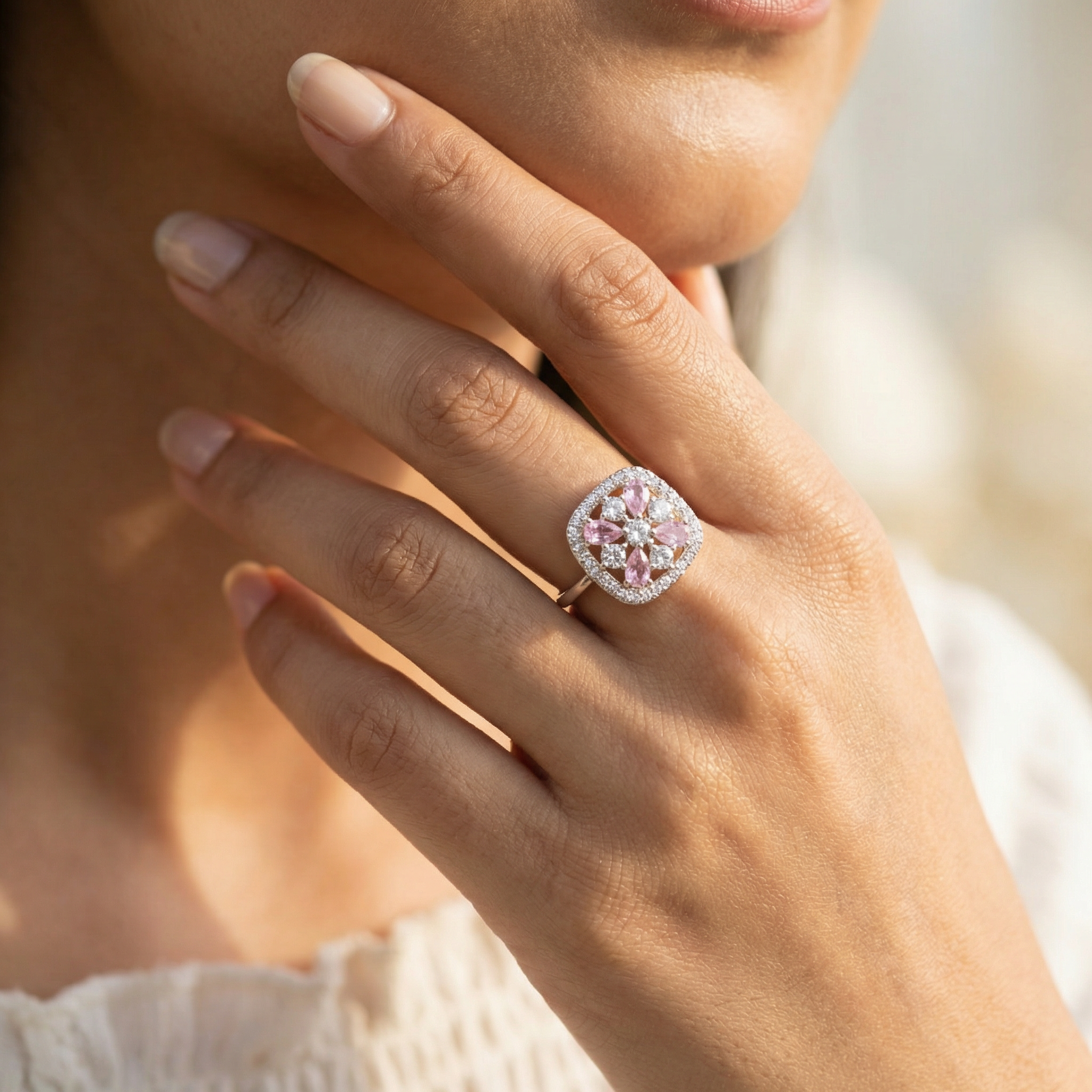 Silver  Pink Crystal Women Ring
