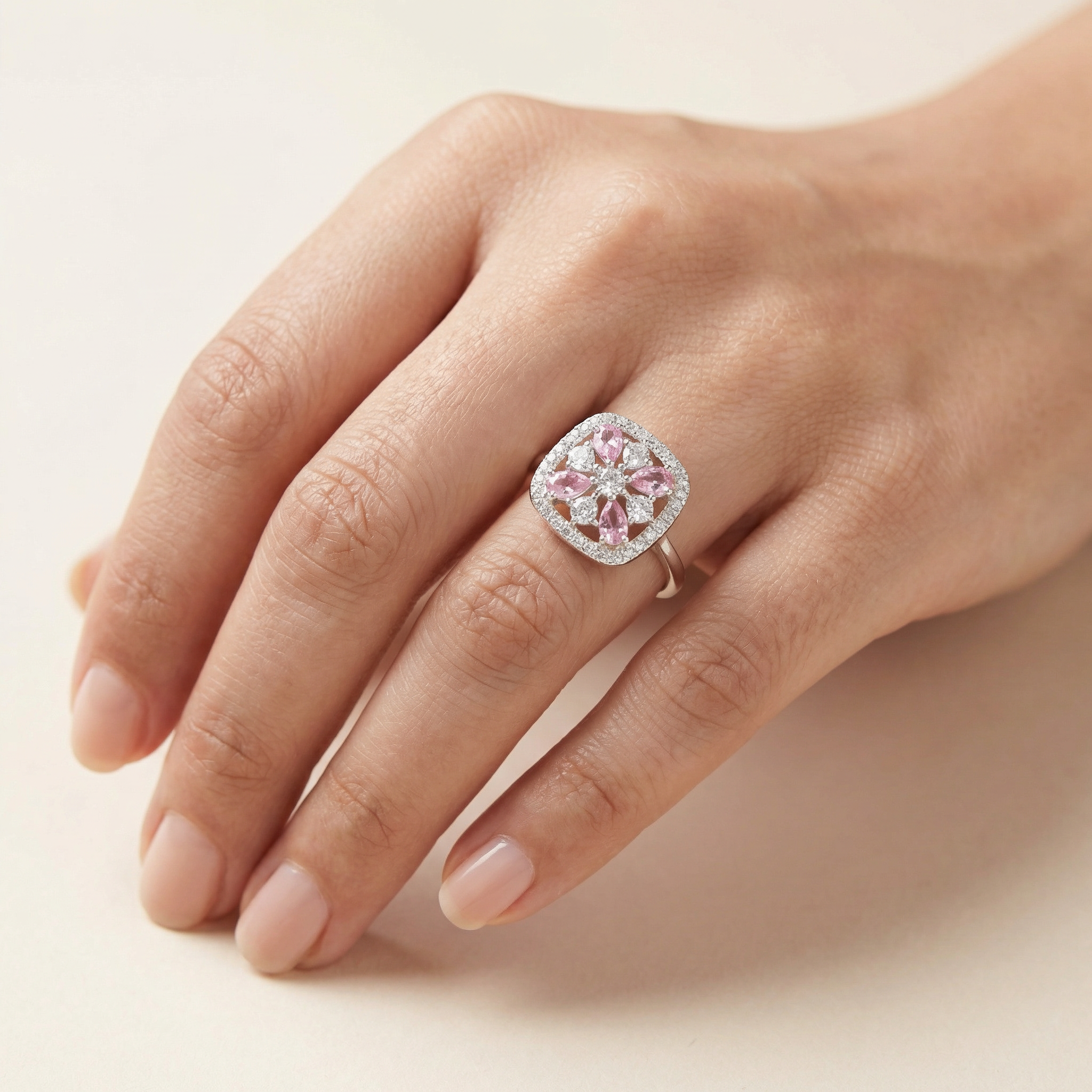 Silver  Pink Crystal Women Ring