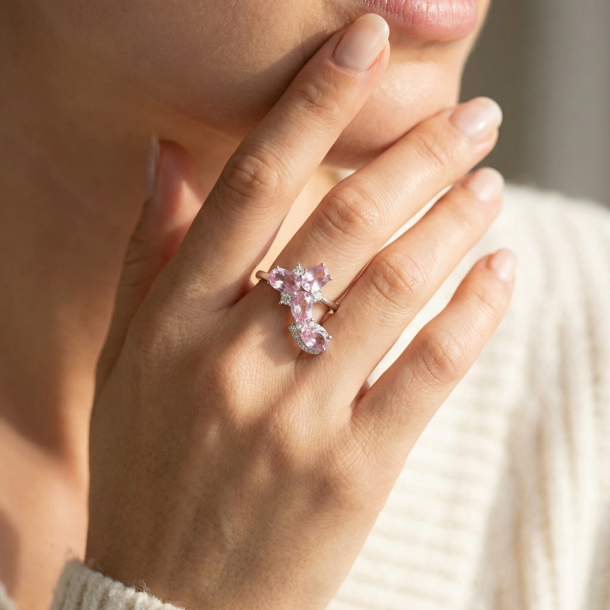 Silver   Zircon  Pink  Women Ring