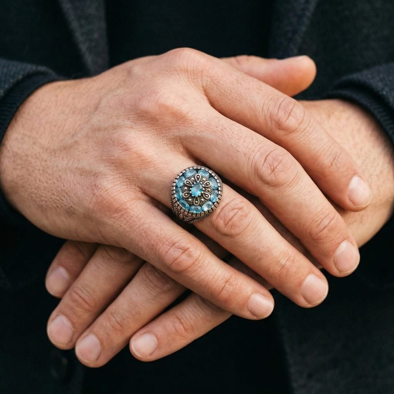 Men Silver Blue Gemstone Ring –