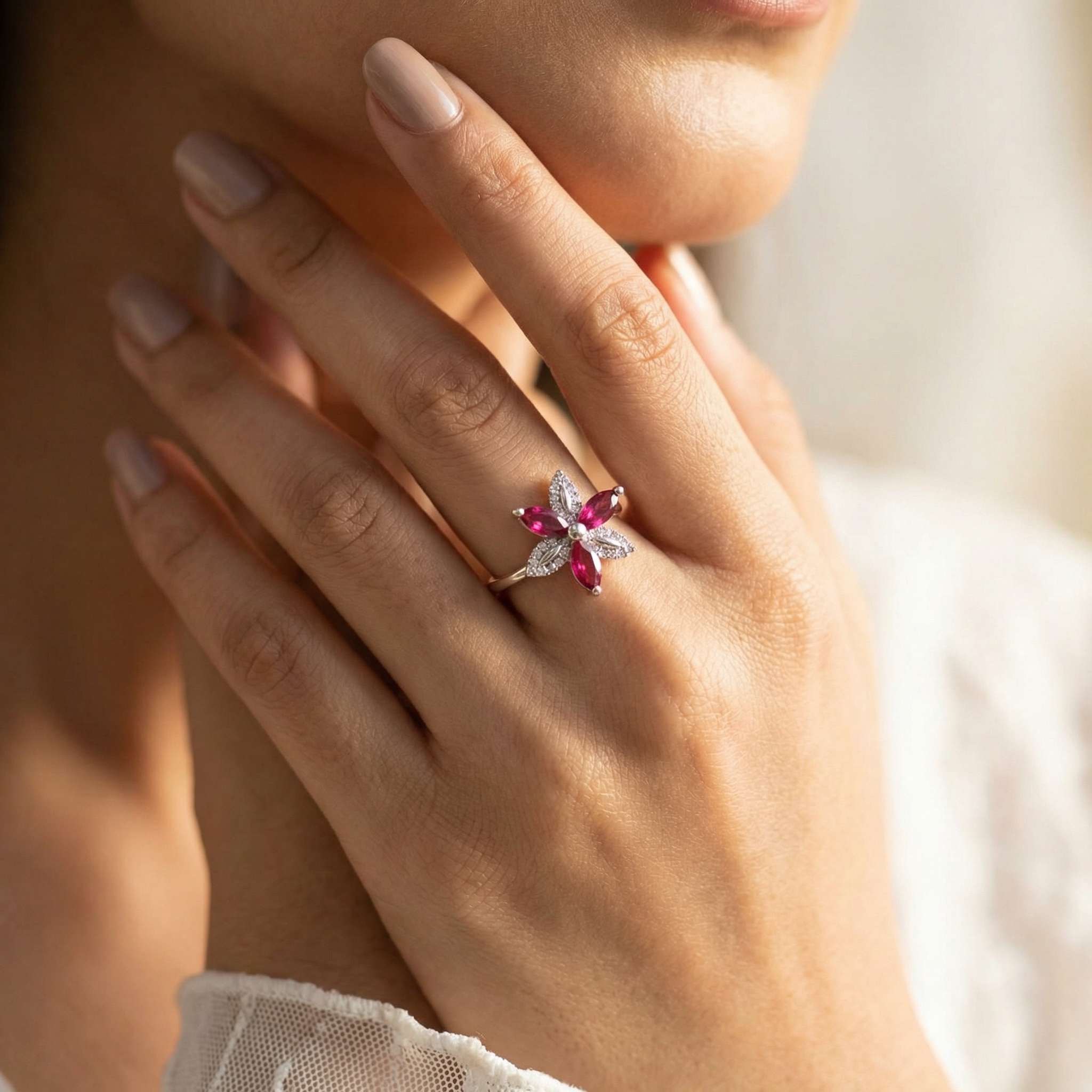 Silver  Pink  Crystal Ring for Women
