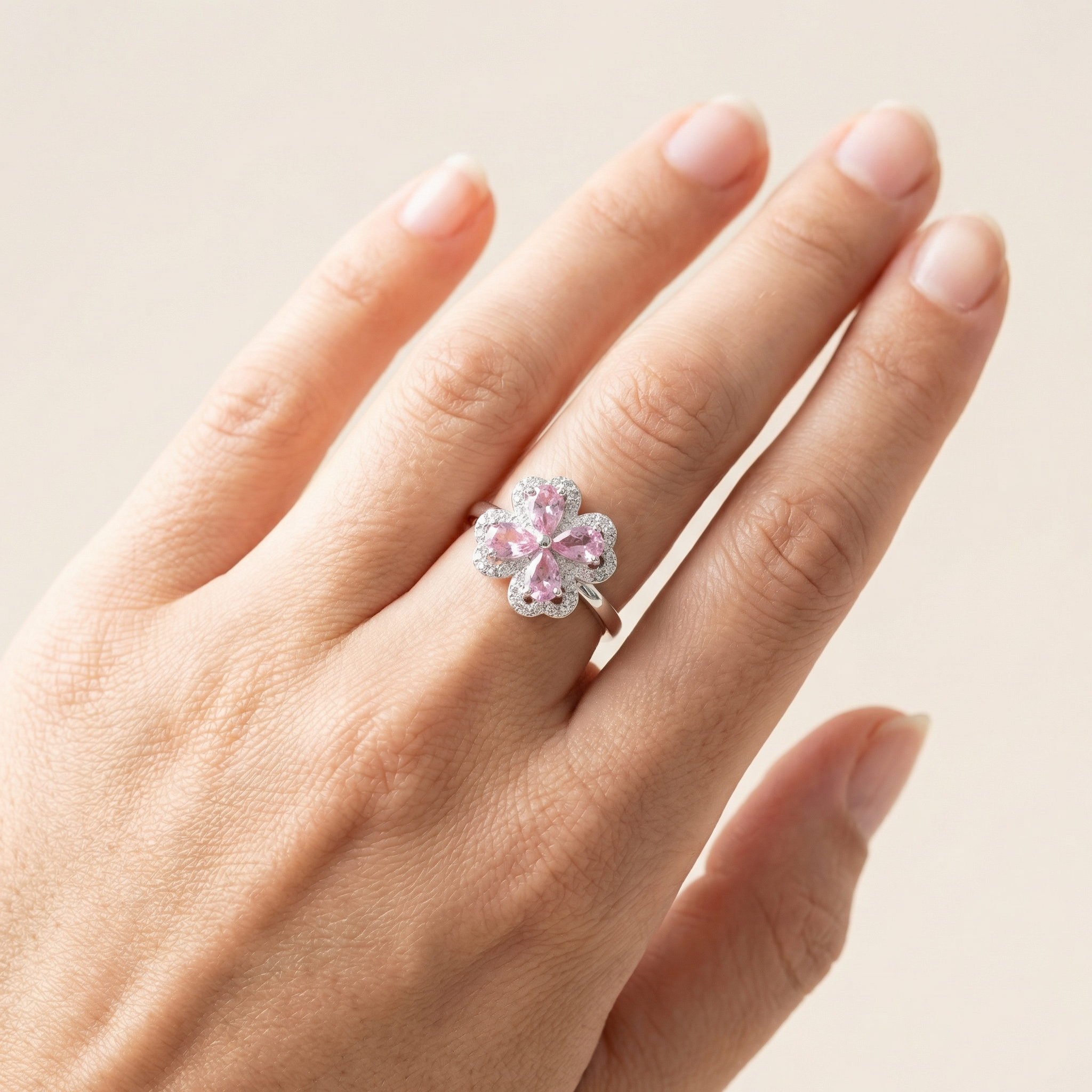 Silver  Pink Crystal Women Ring
