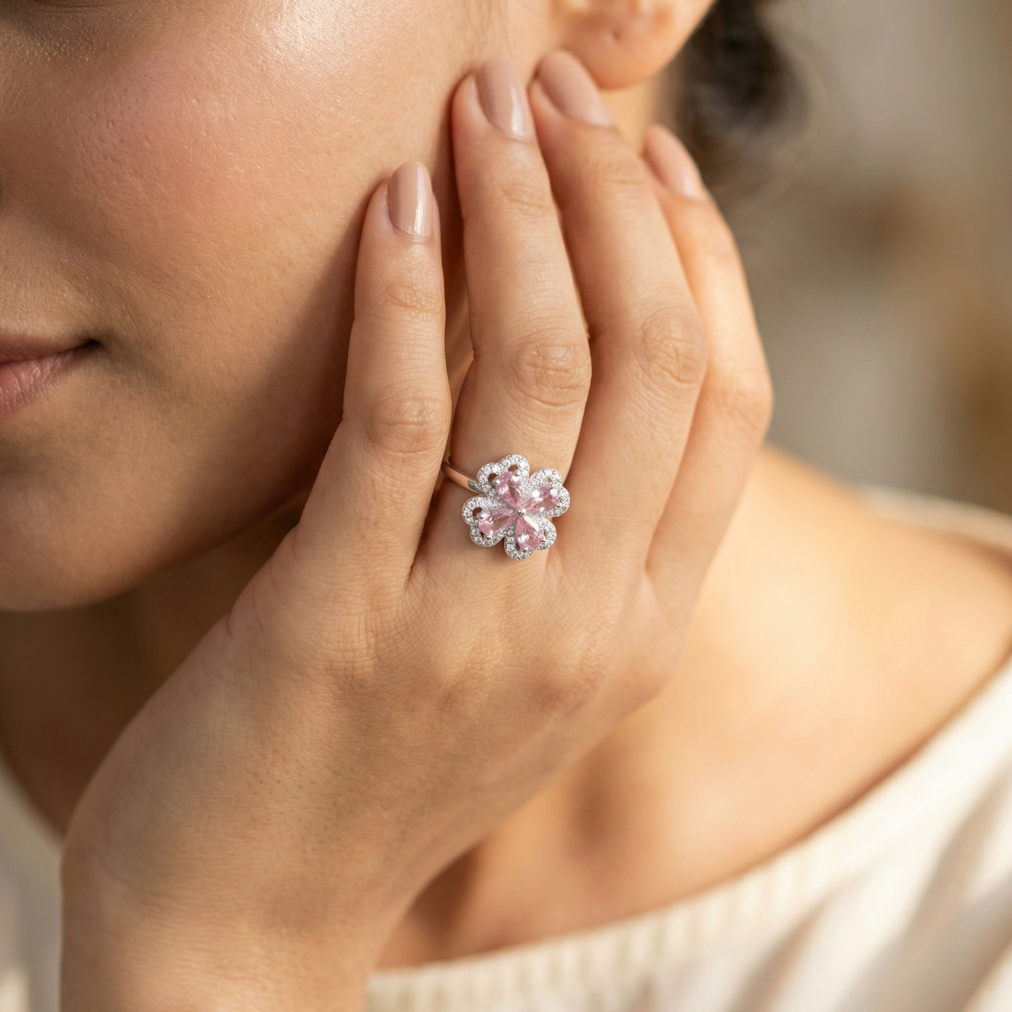 Silver  Pink Crystal Women Ring