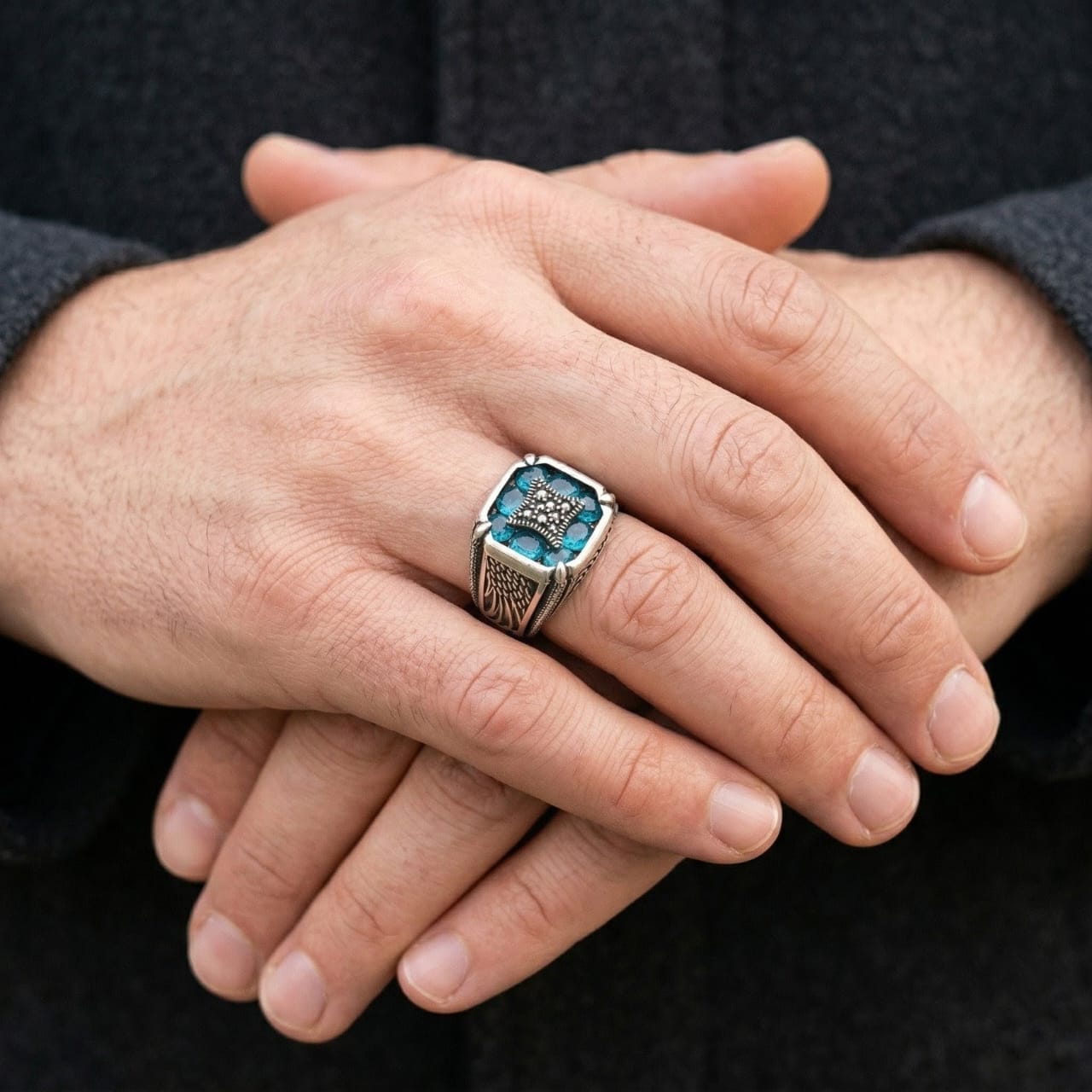 Men Silver Blue Gemstone Ring – Art Work