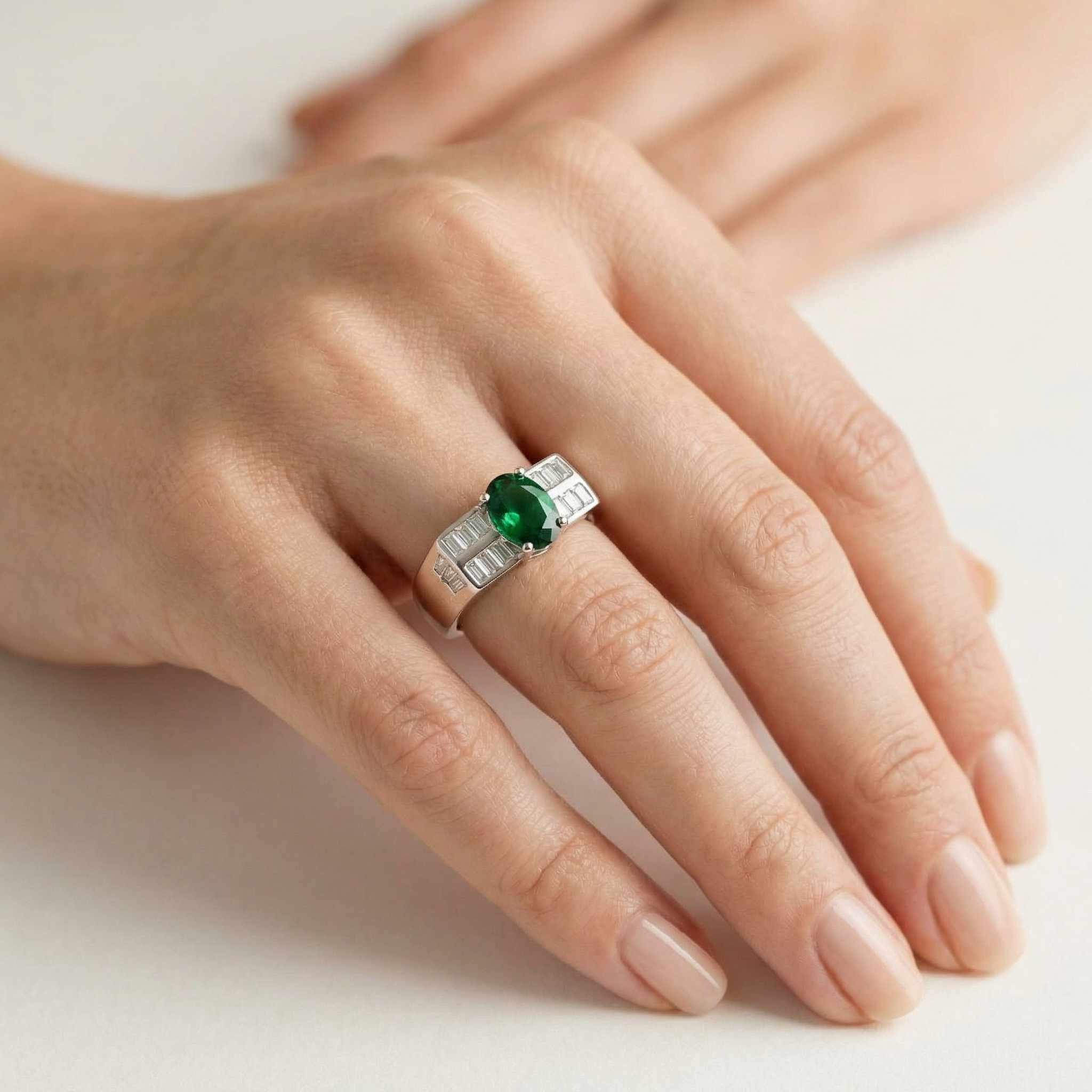 Silver   Green Crystal Men Ring