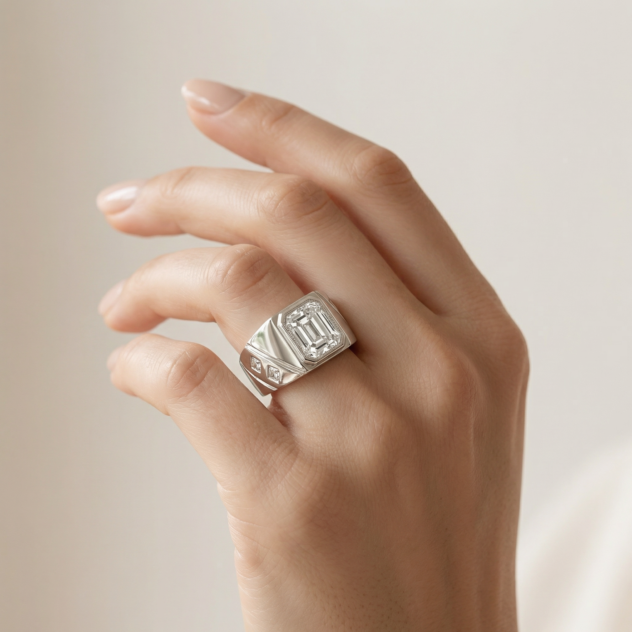Silver  White Crystal Men Ring