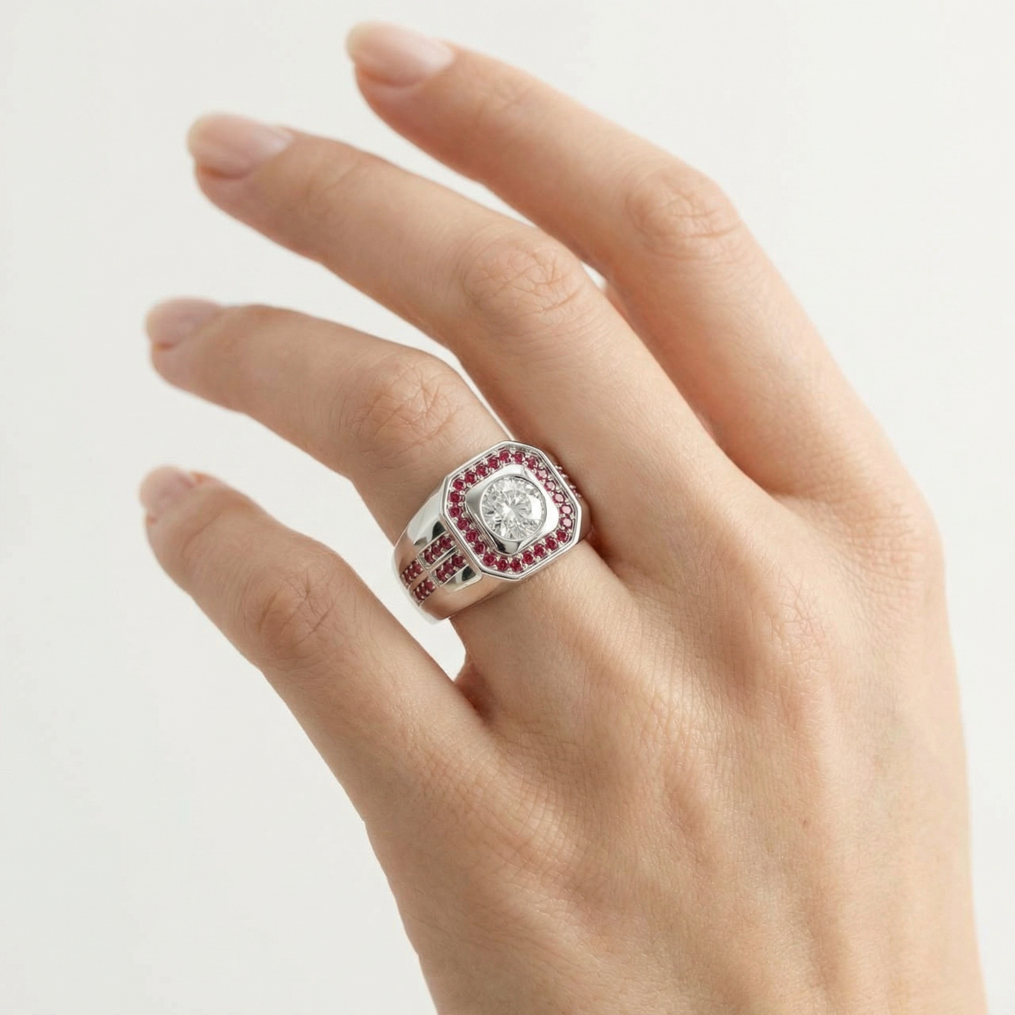 Silver  Ruby Red Crystal Men Ring