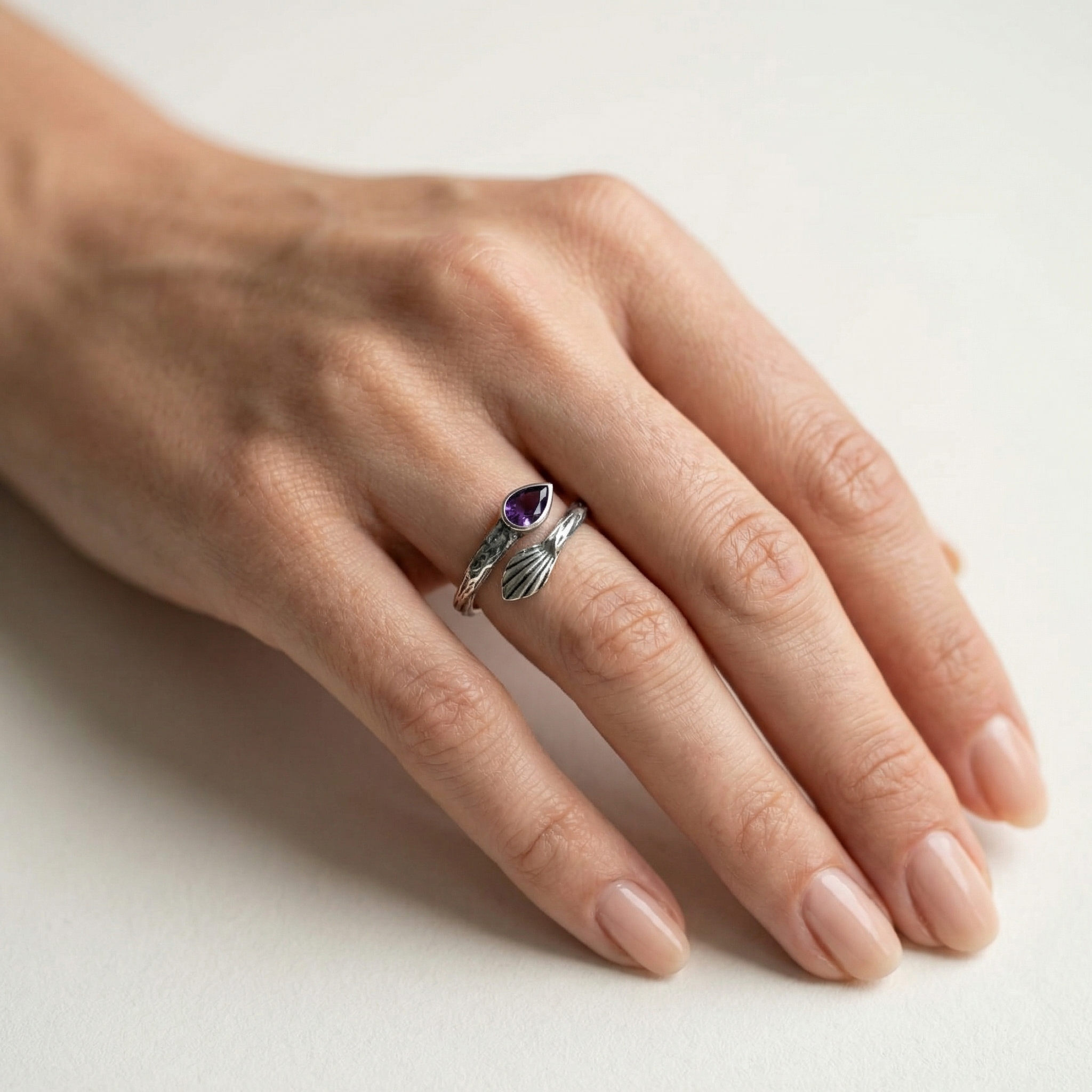 Silver Amethyst Wrap Ring – Handmade Textured