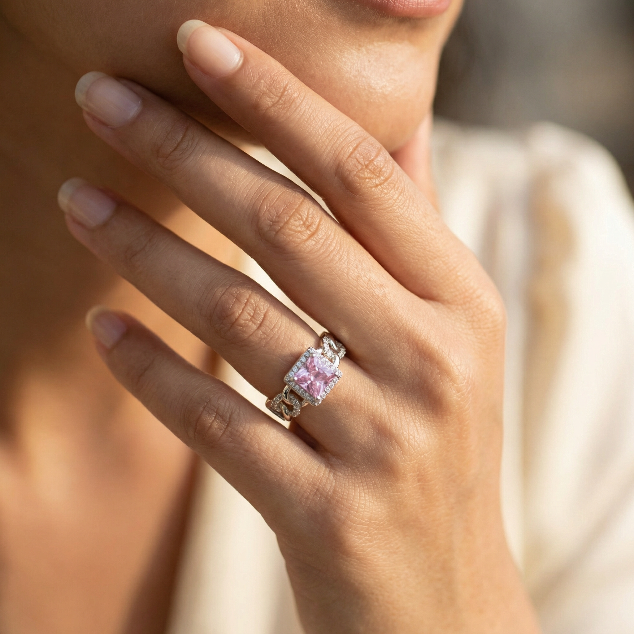 Silver  Pink Crystal Women Ring