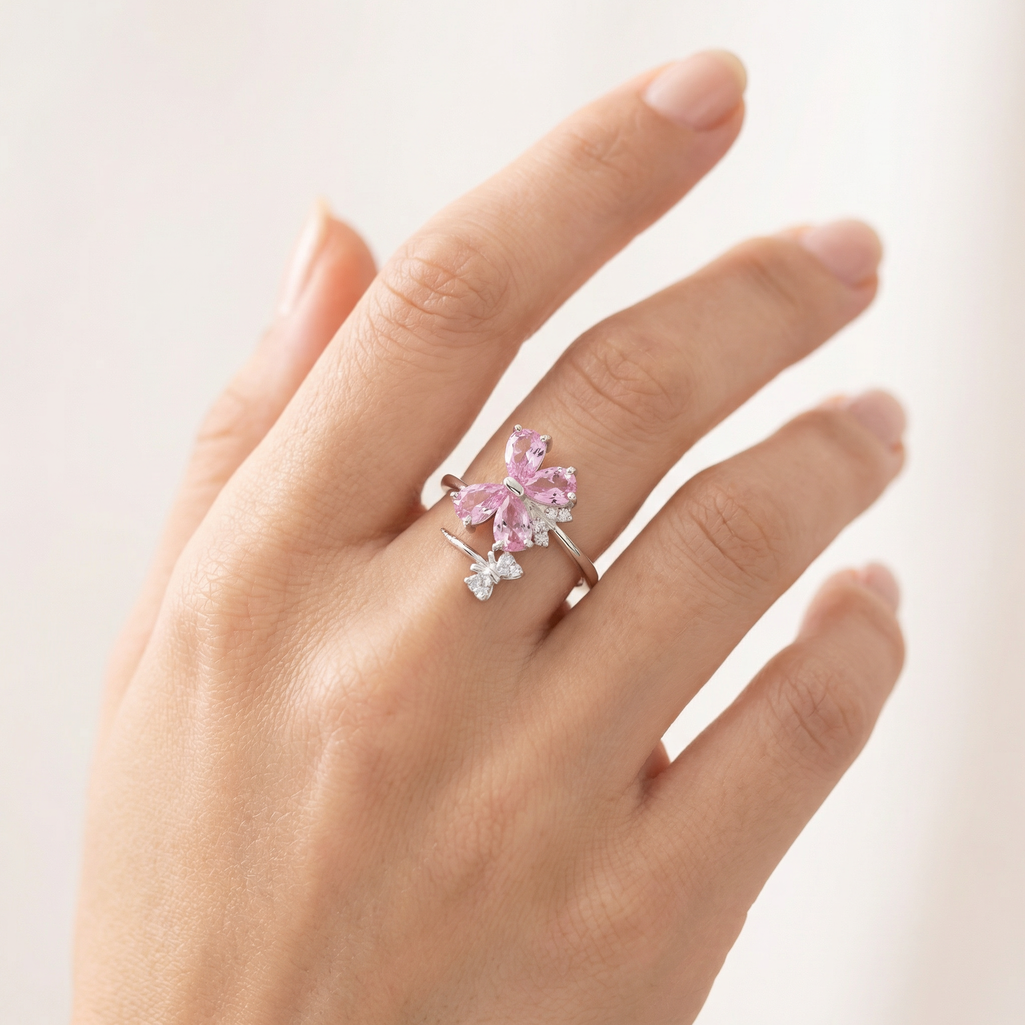 Silver  Pink Crystal Women Ring