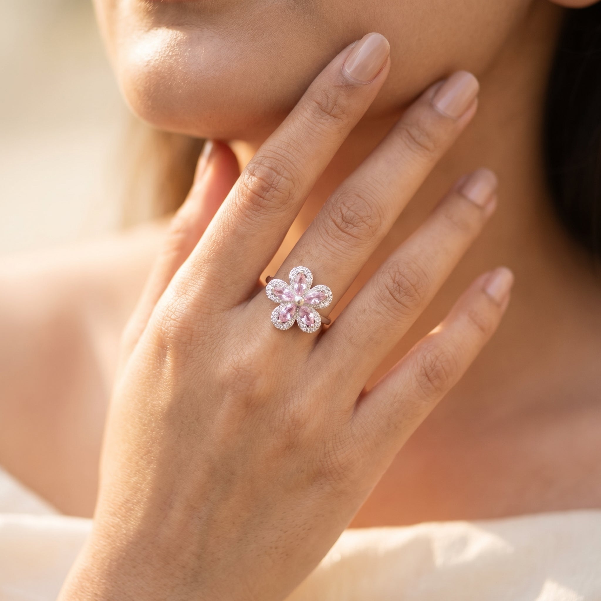 Silver  Pink Crystal Women Ring