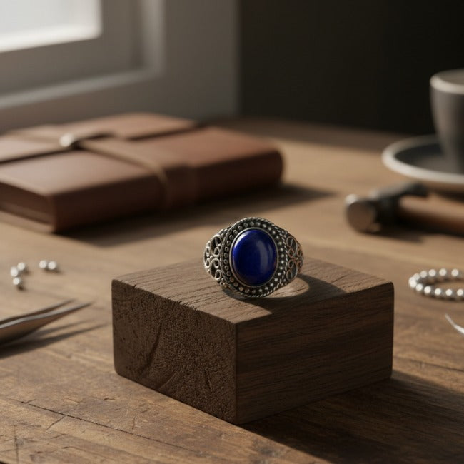 Lapis Lazuli Silver Ring – Handmade Oval Blue Gemstone Ring